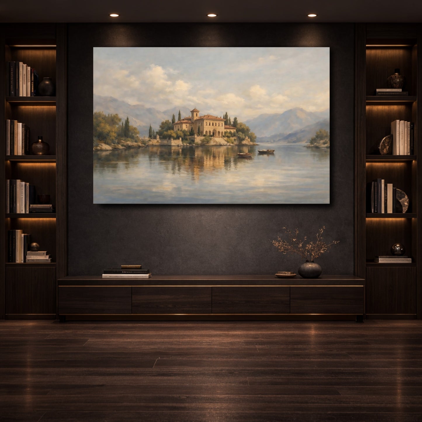 Mockup 3. Nature Lakeside Villa Warm Lakeside Villa shown as stretched canvas wall art