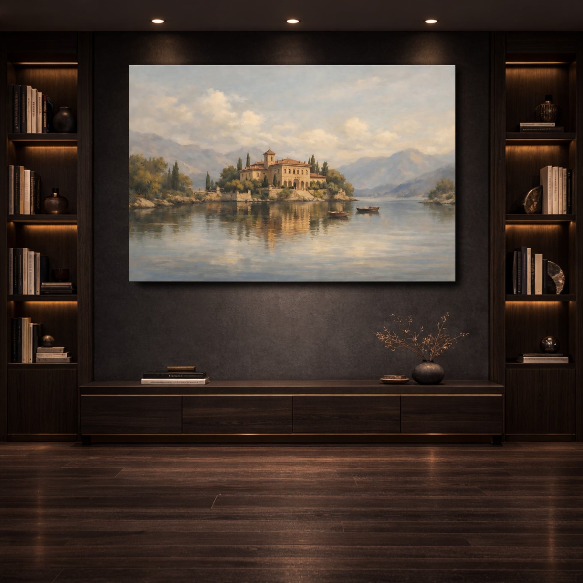 Mockup 3. Nature Lakeside Villa Warm Lakeside Villa shown as stretched canvas wall art