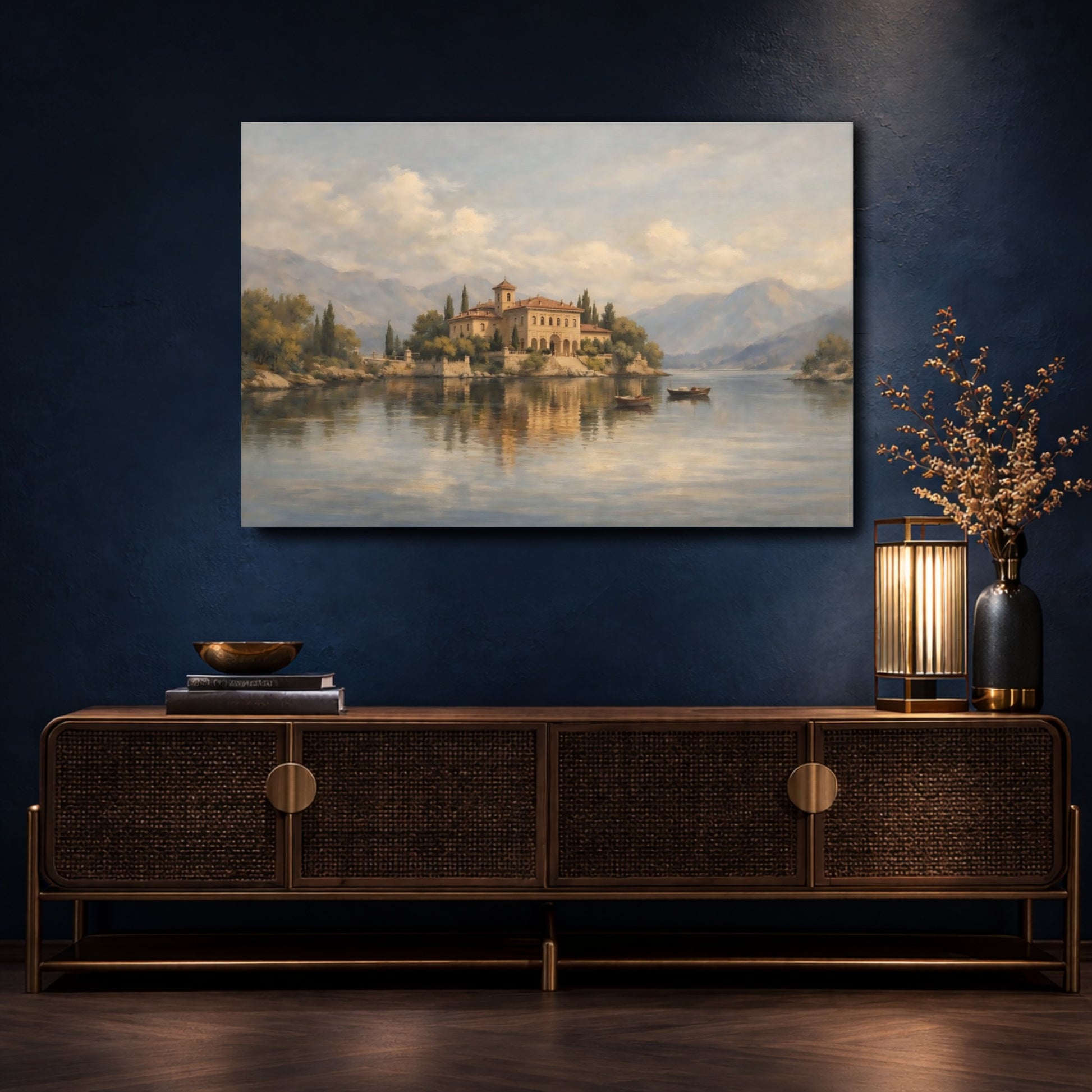 Mockup 4. Nature Lakeside Villa Warm Lakeside Villa shown as stretched canvas wall art
