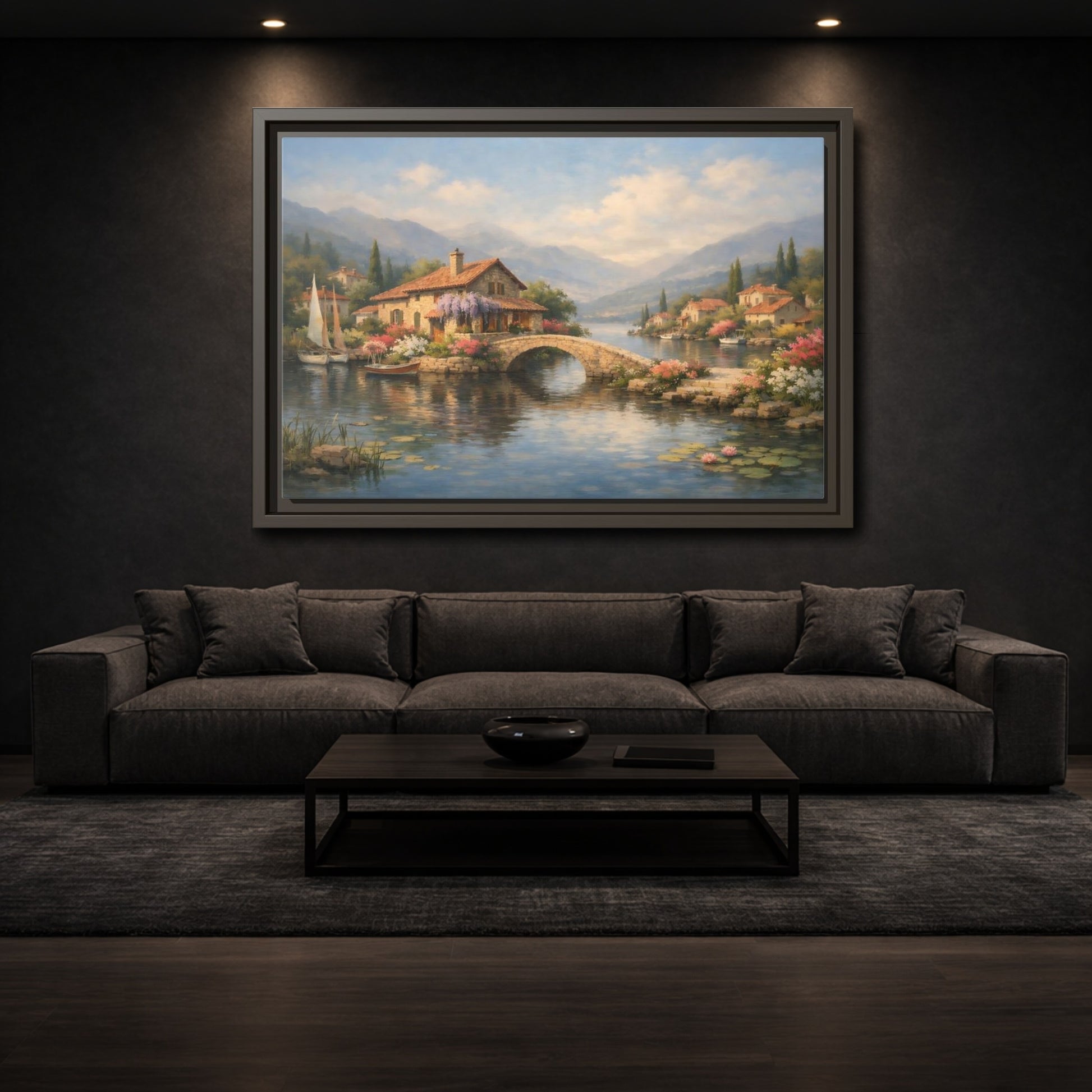 Mockup 2. Nature Lakeside Village Italian Lakeside shown as stretched canvas wall art