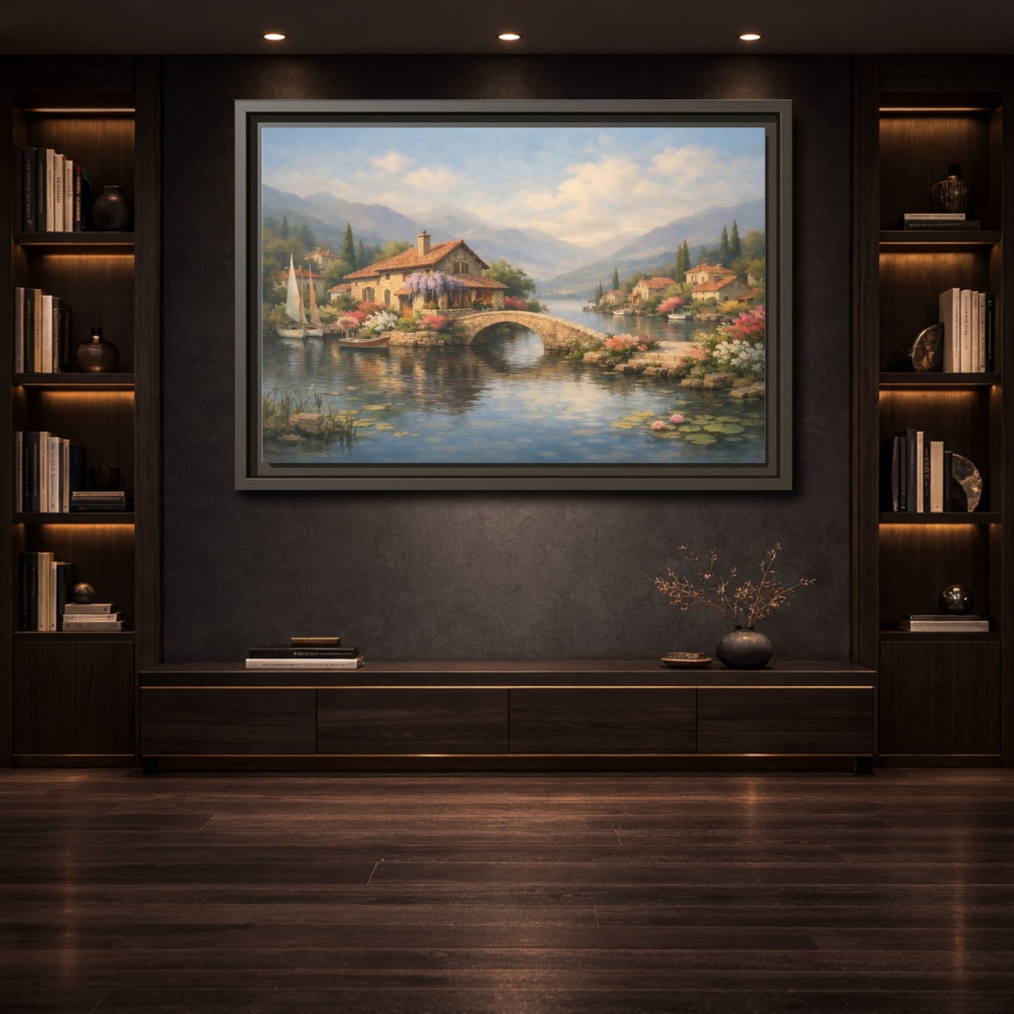 Mockup 3. Nature Lakeside Village Italian Lakeside shown as stretched canvas wall art