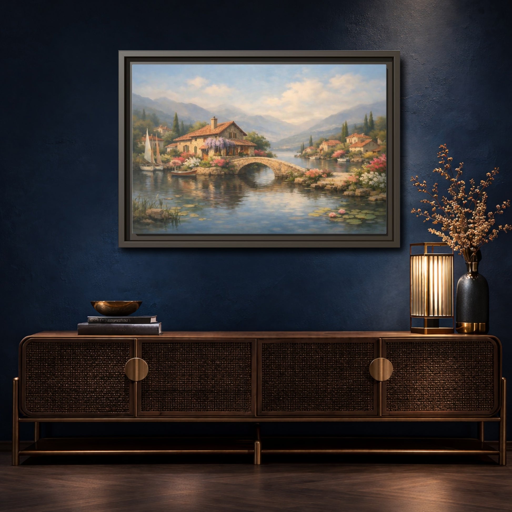 Mockup 4. Nature Lakeside Village Italian Lakeside shown as stretched canvas wall art