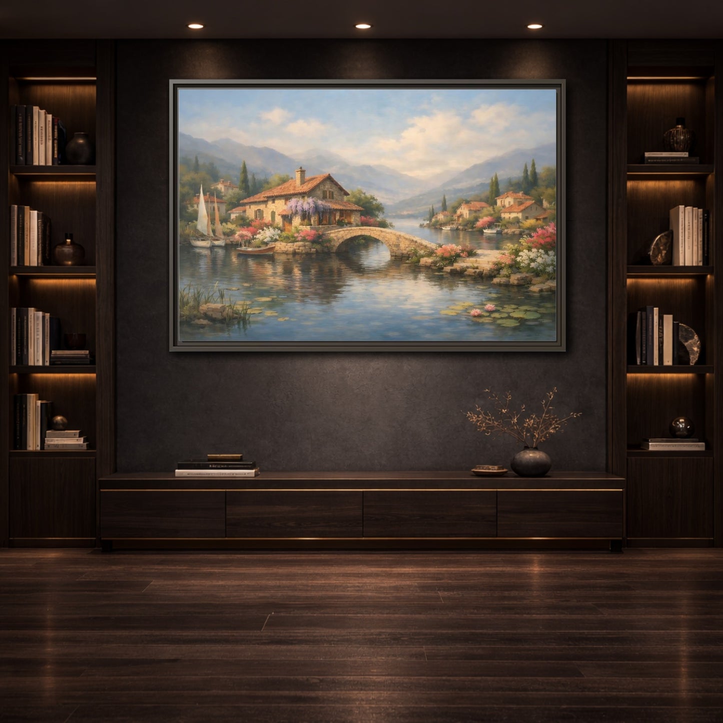 Mockup 3. Nature Lakeside Village Lakeside Village shown as stretched canvas wall art