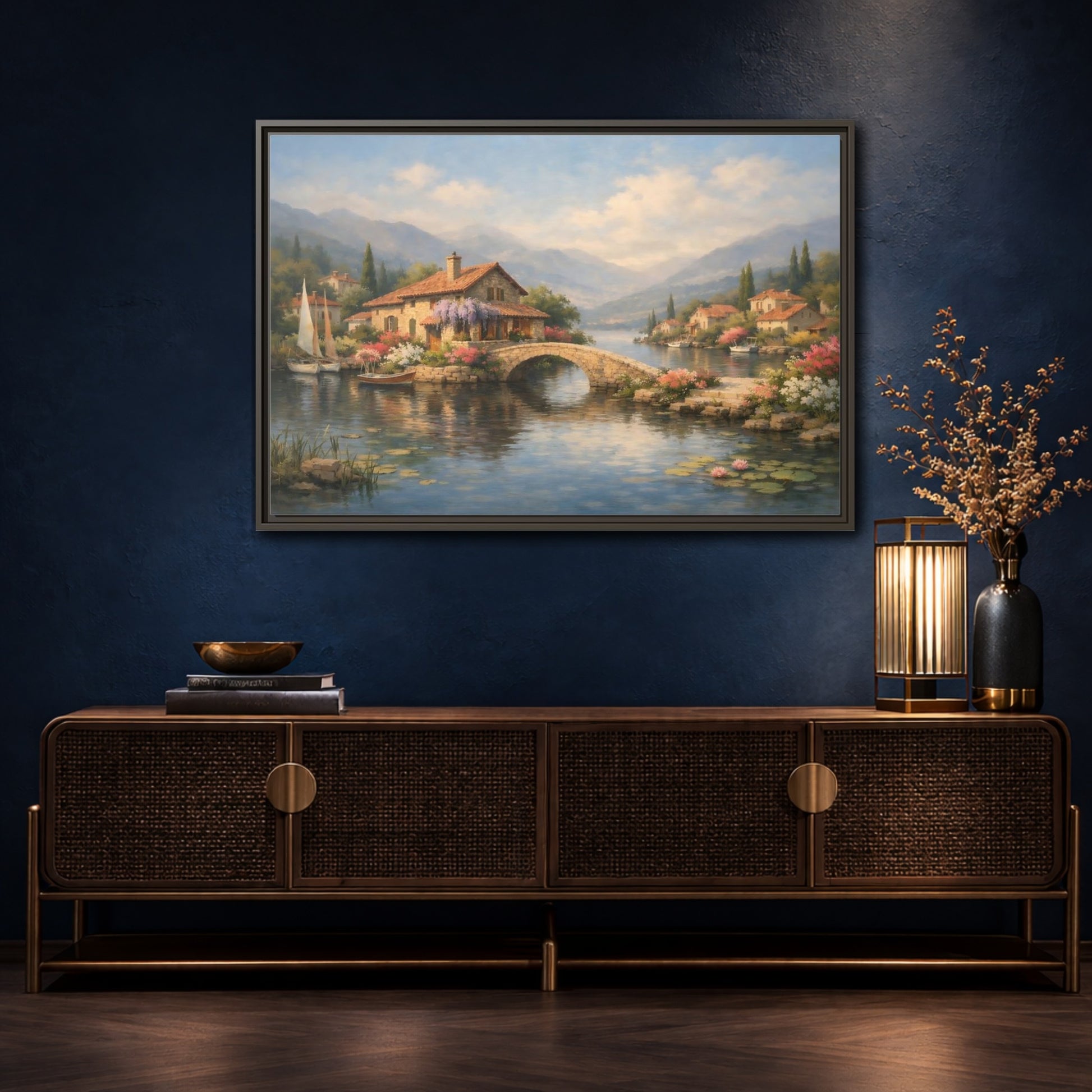 Mockup 4. Nature Lakeside Village Lakeside Village shown as stretched canvas wall art