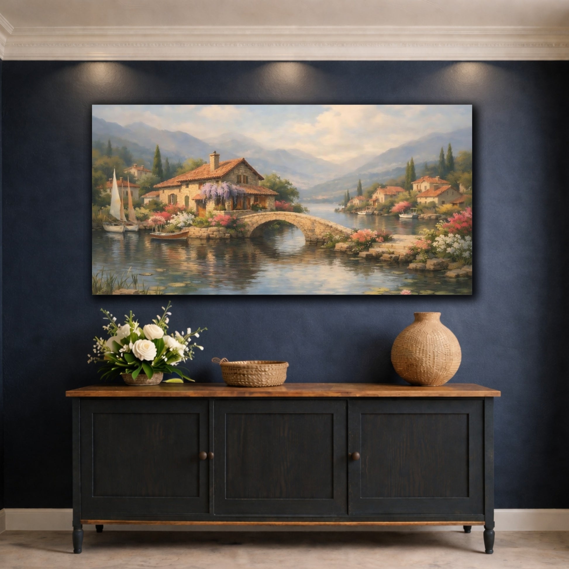 Mockup 4. Nature Lakeside Village Lakeside Village View shown as stretched canvas wall art