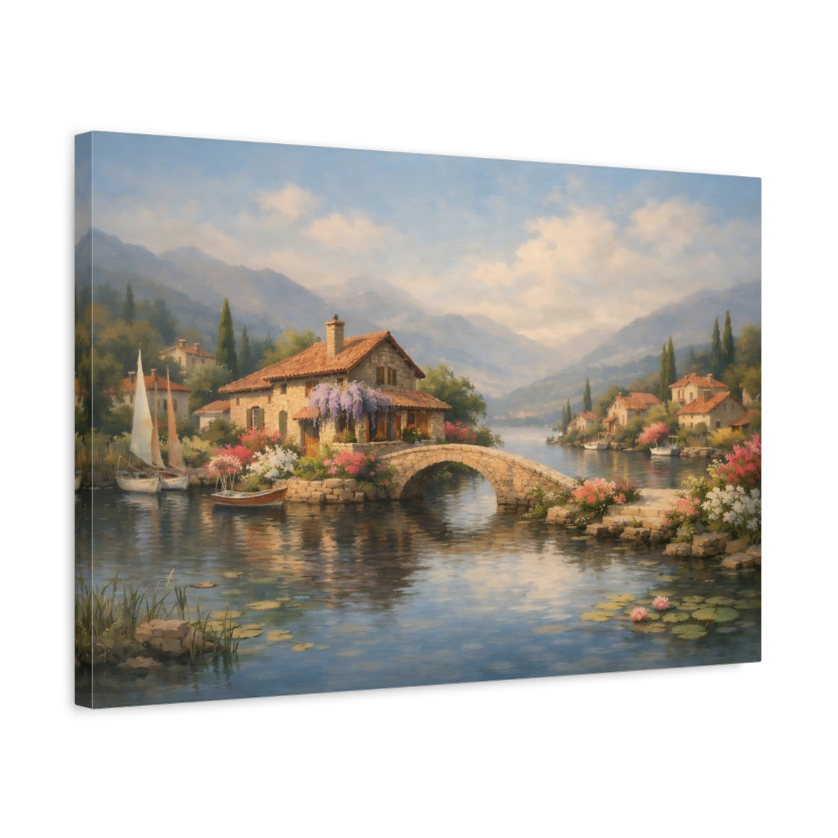 Side Mockup 3. Nature Lakeside Village Tuscan Landscape shown as stretched canvas wall art