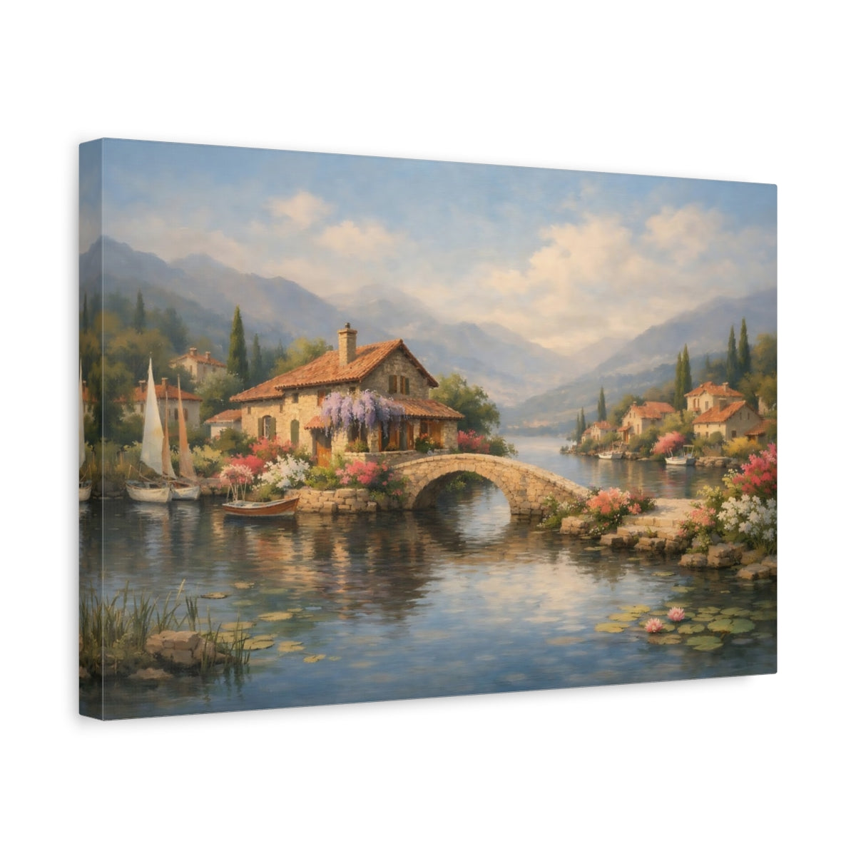 Side Mockup 4. Nature Lakeside Village Tuscan Landscape shown as stretched canvas wall art