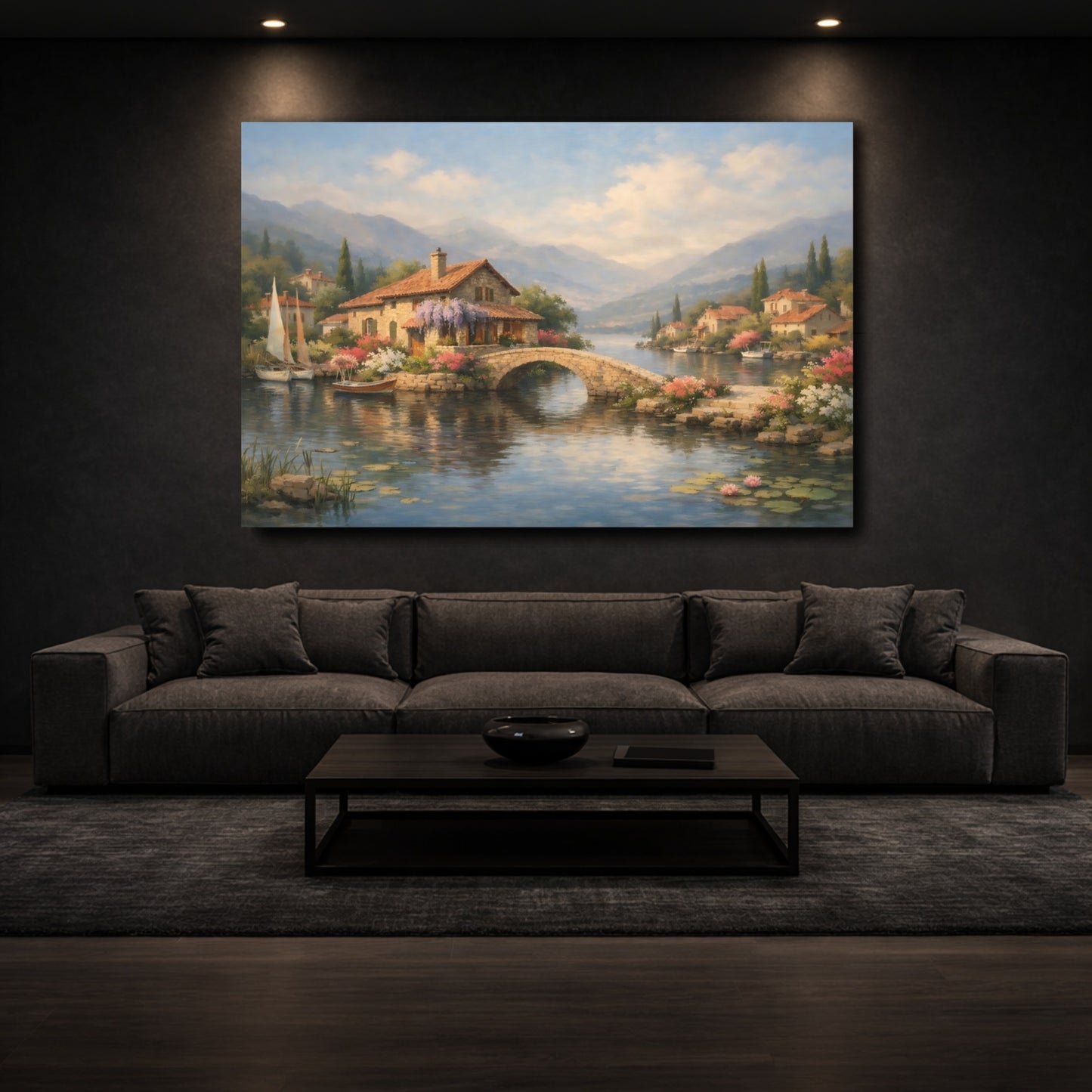 Mockup 2. Nature Lakeside Village Tuscan Landscape shown as stretched canvas wall art