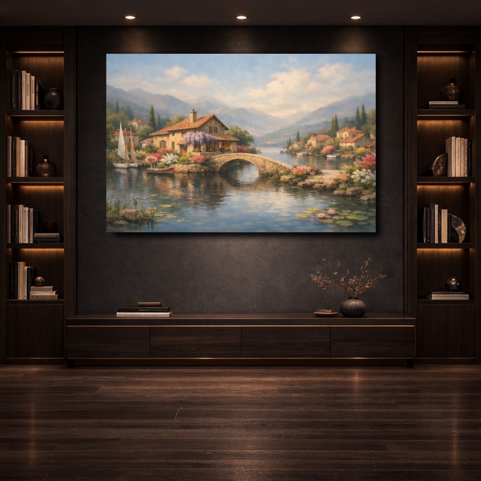 Mockup 3. Nature Lakeside Village Tuscan Landscape shown as stretched canvas wall art