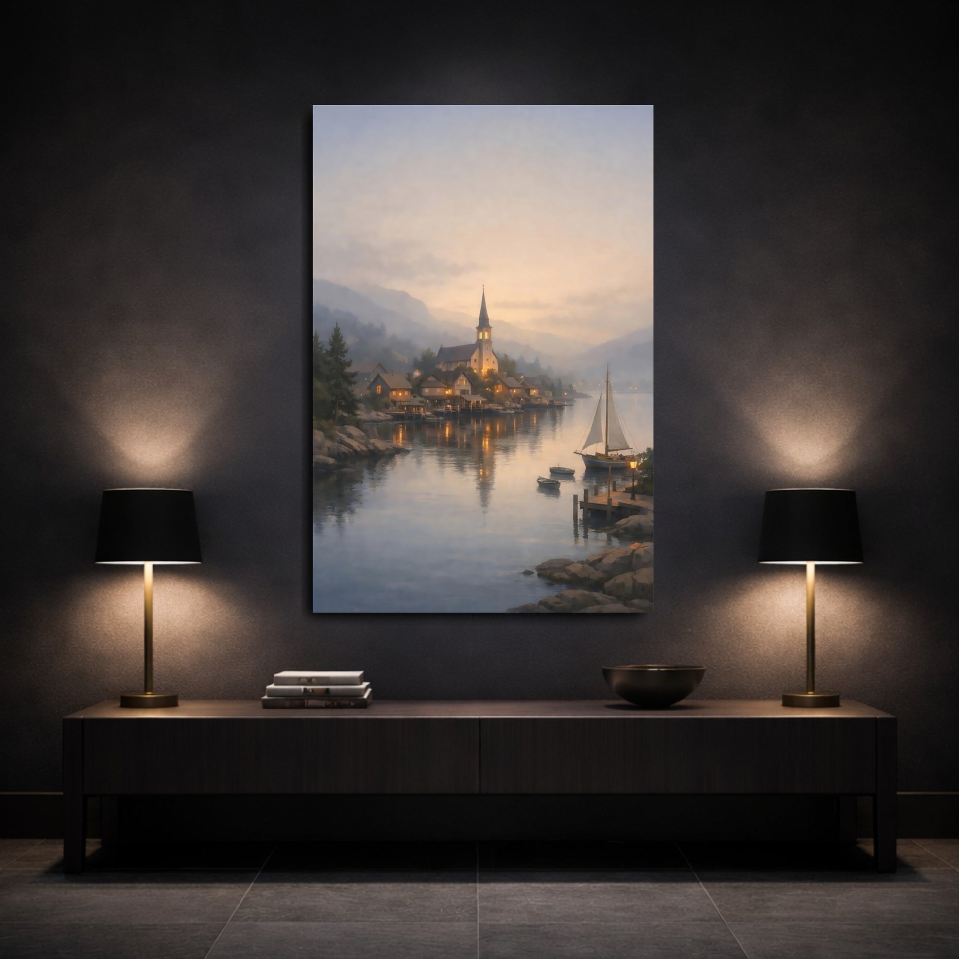 Mockup 2. Nature Lakeside Village Twilight Lake Village shown as stretched canvas wall art
