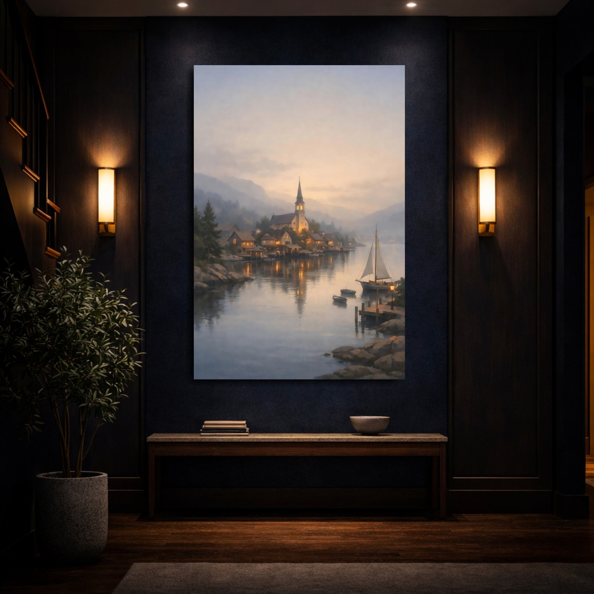 Mockup 3. Nature Lakeside Village Twilight Lake Village shown as stretched canvas wall art