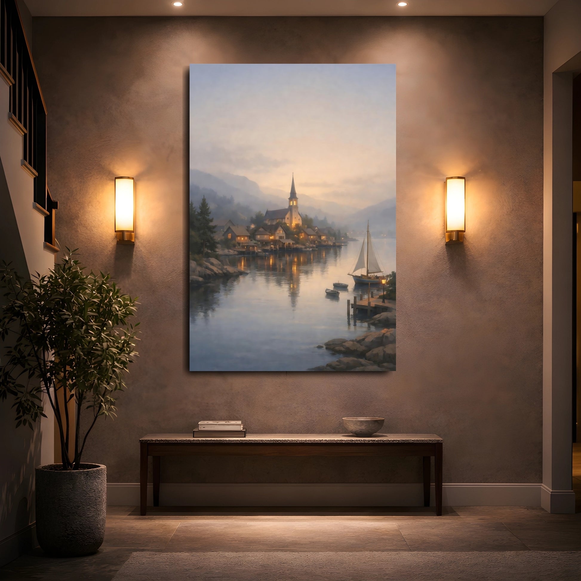 Mockup 4. Nature Lakeside Village Twilight Lake Village shown as stretched canvas wall art