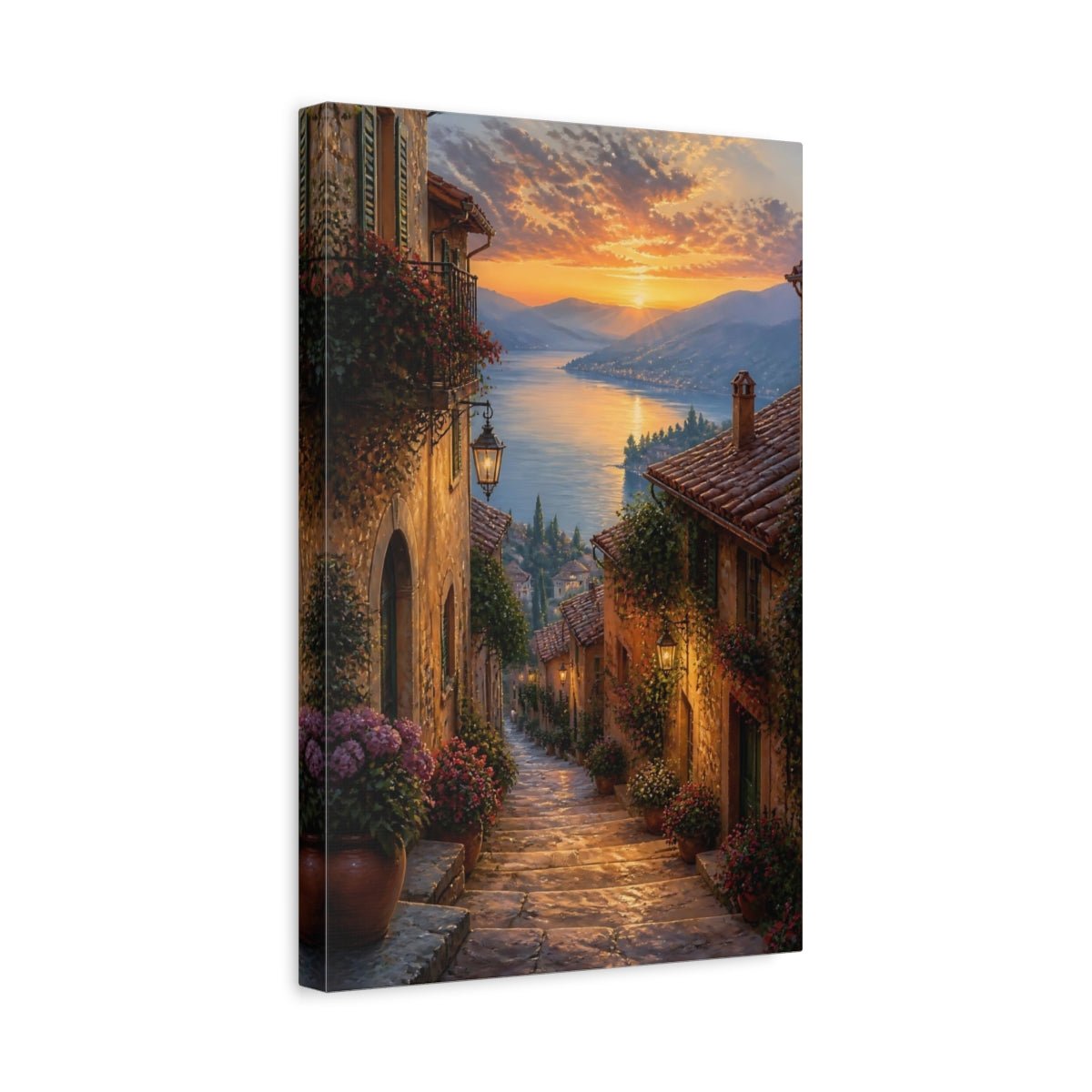 Nature Lakeside Village Warm European Canvas Wall Art Print – Romantic Living Room, Above Couch - YesArtYes