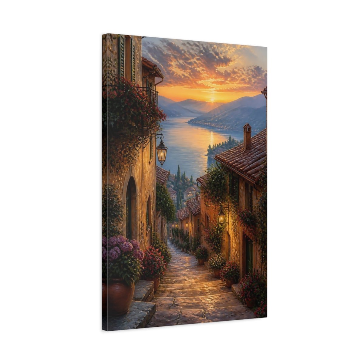 Nature Lakeside Village Warm European Canvas Wall Art Print – Romantic Living Room, Above Couch - YesArtYes