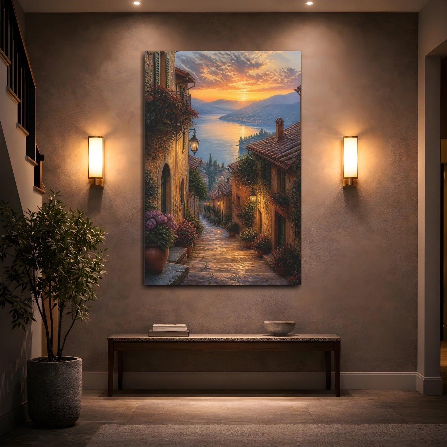Nature Lakeside Village Warm European Canvas Wall Art Print – Romantic Living Room, Above Couch - YesArtYes