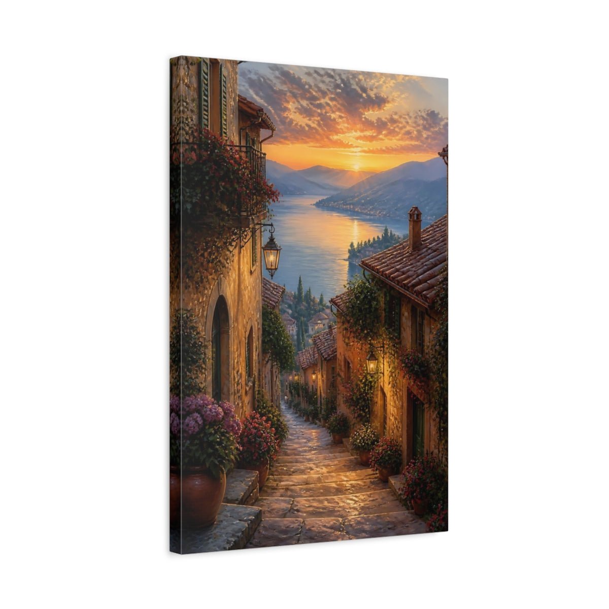 Nature Lakeside Village Warm European Canvas Wall Art Print – Romantic Living Room, Above Couch - YesArtYes