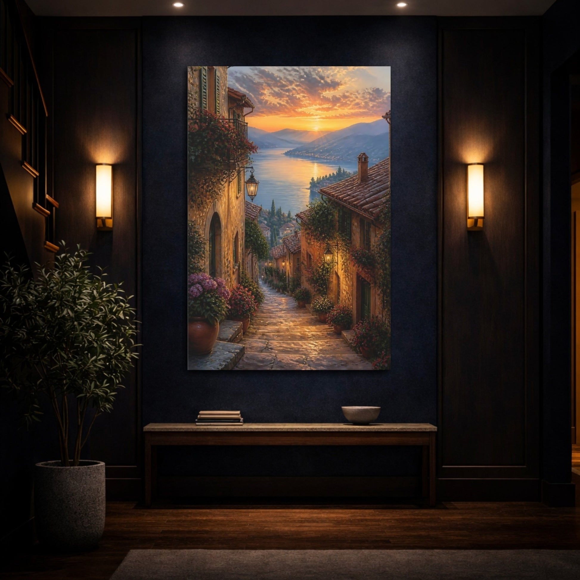 Nature Lakeside Village Warm European Canvas Wall Art Print – Romantic Living Room, Above Couch - YesArtYes