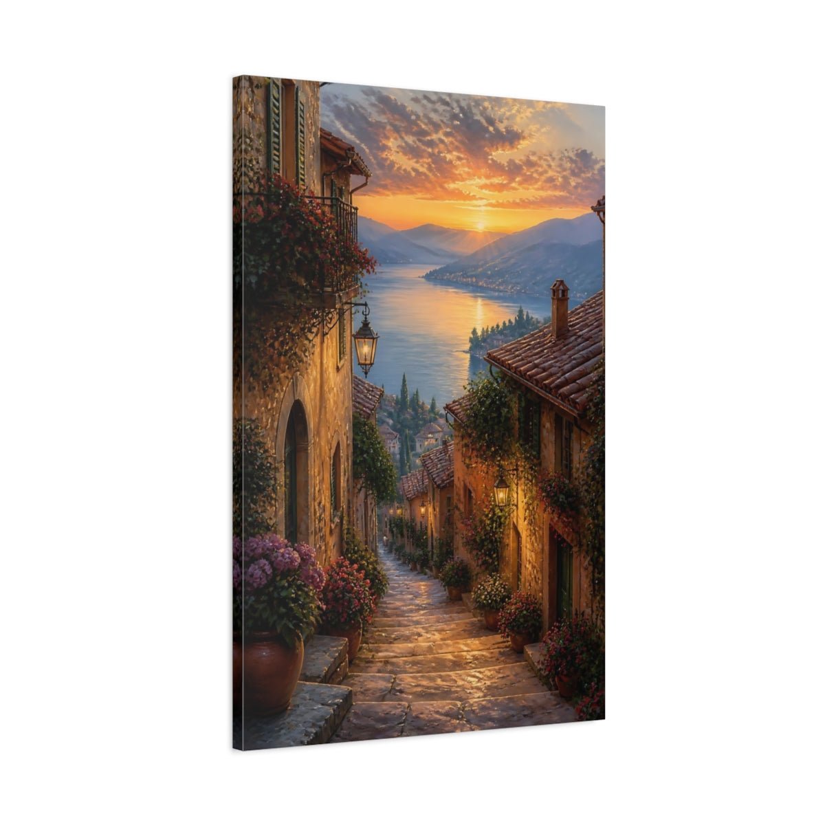 Nature Lakeside Village Warm European Canvas Wall Art Print – Romantic Living Room, Above Couch - YesArtYes