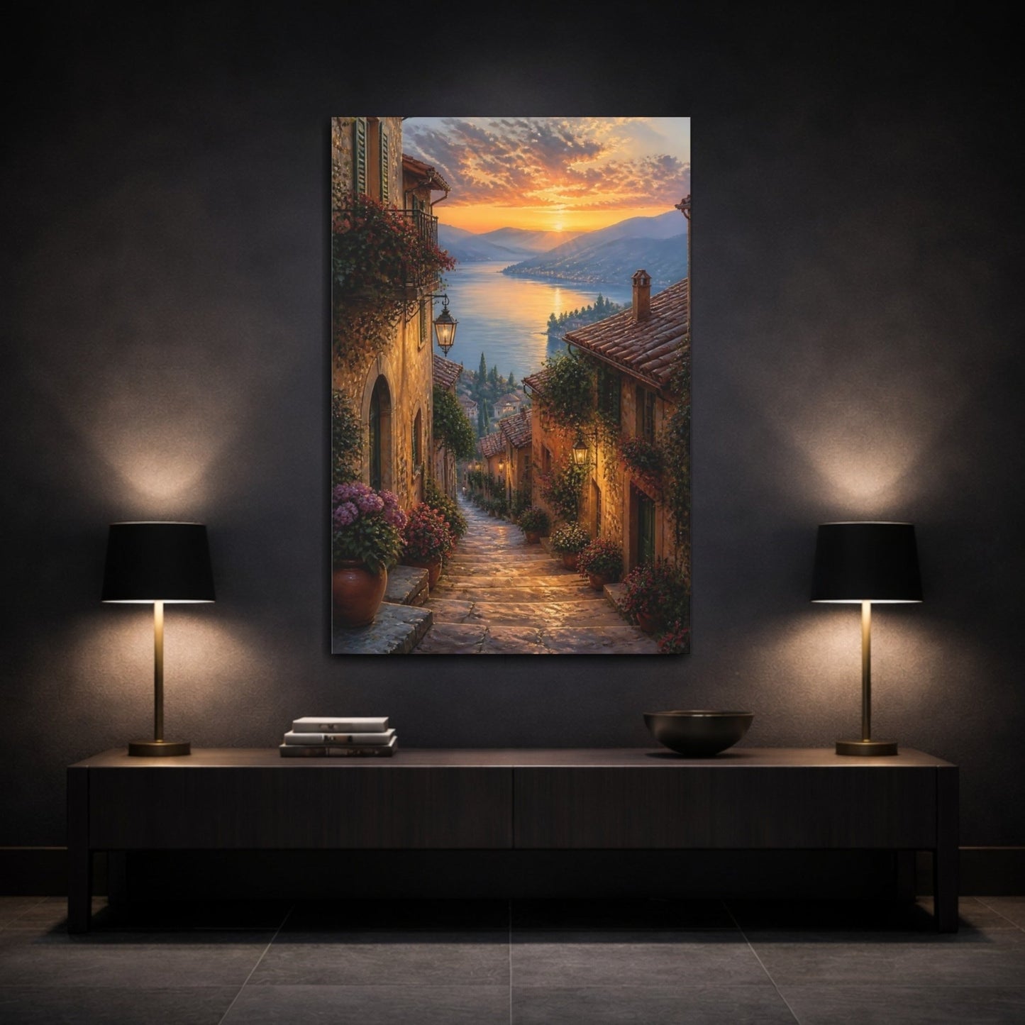 Nature Lakeside Village Warm European Canvas Wall Art Print – Romantic Living Room, Above Couch - YesArtYes