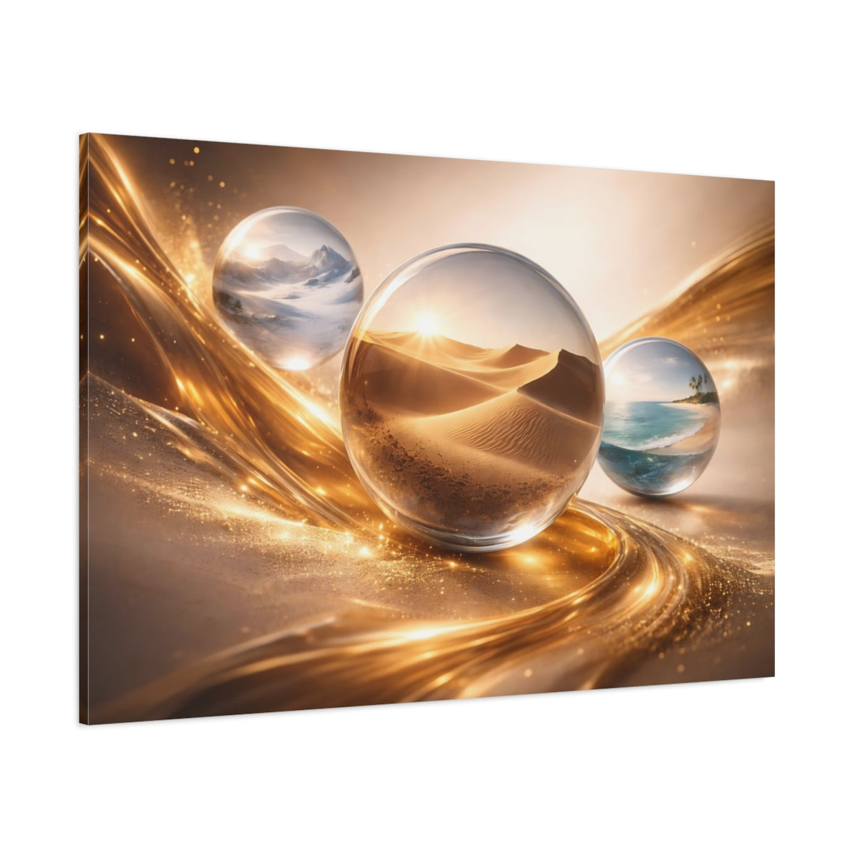 Side Mockup 1. Nature Landscape Orbs Gold And Nature shown as stretched canvas wall art