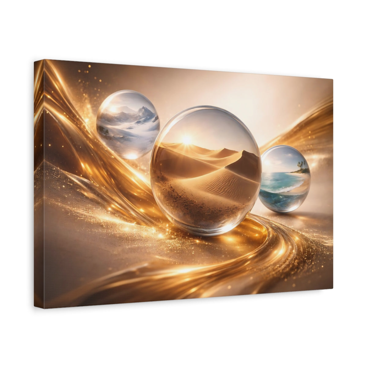 Side Mockup 4. Nature Landscape Orbs Gold And Nature shown as stretched canvas wall art