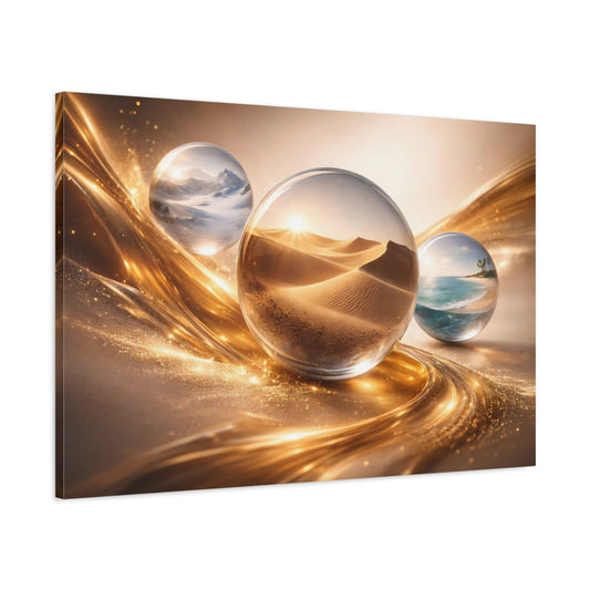 Main Mockup. Nature Landscape Orbs Gold And Nature shown as stretched canvas wall art
