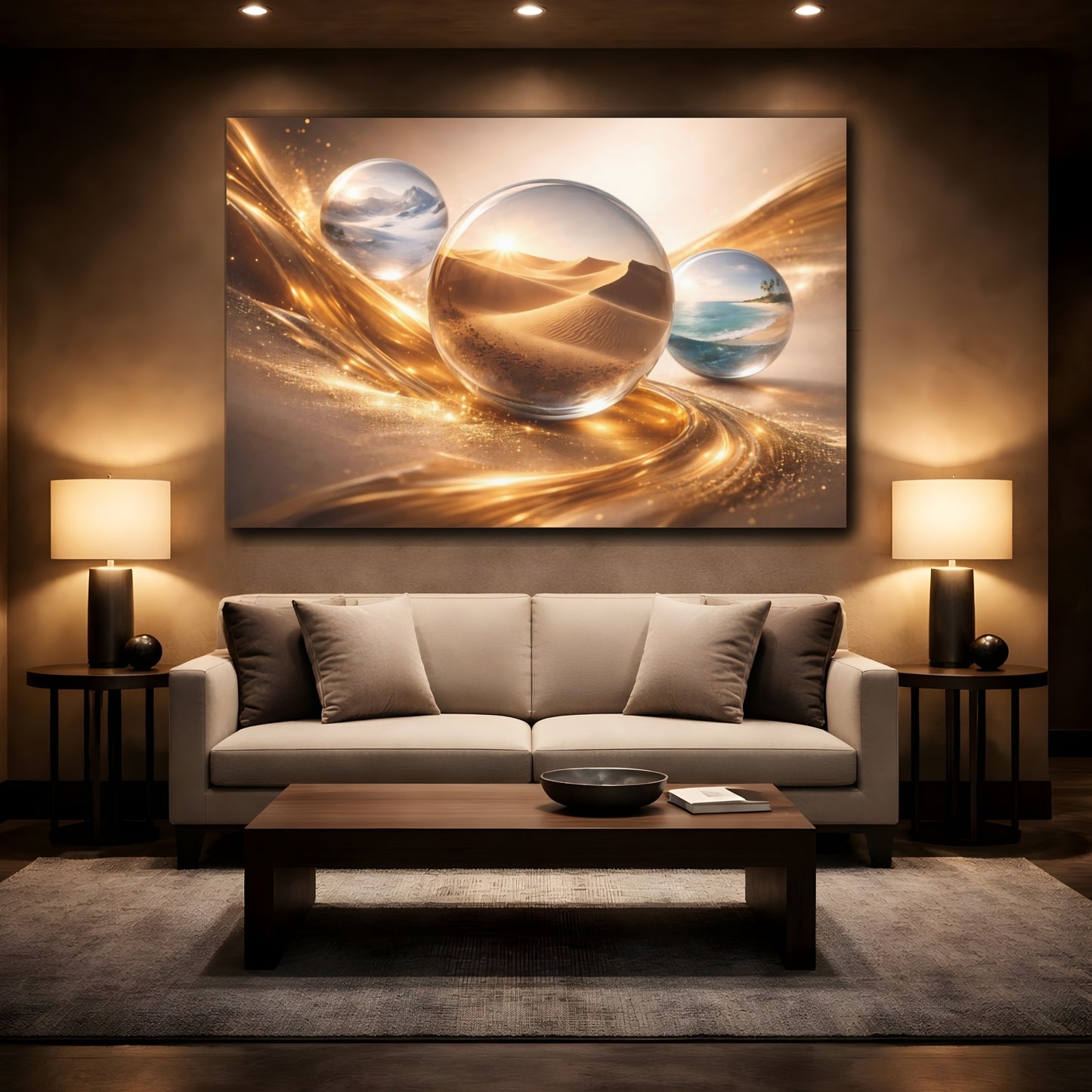 Mockup 2. Nature Landscape Orbs Gold And Nature shown as stretched canvas wall art