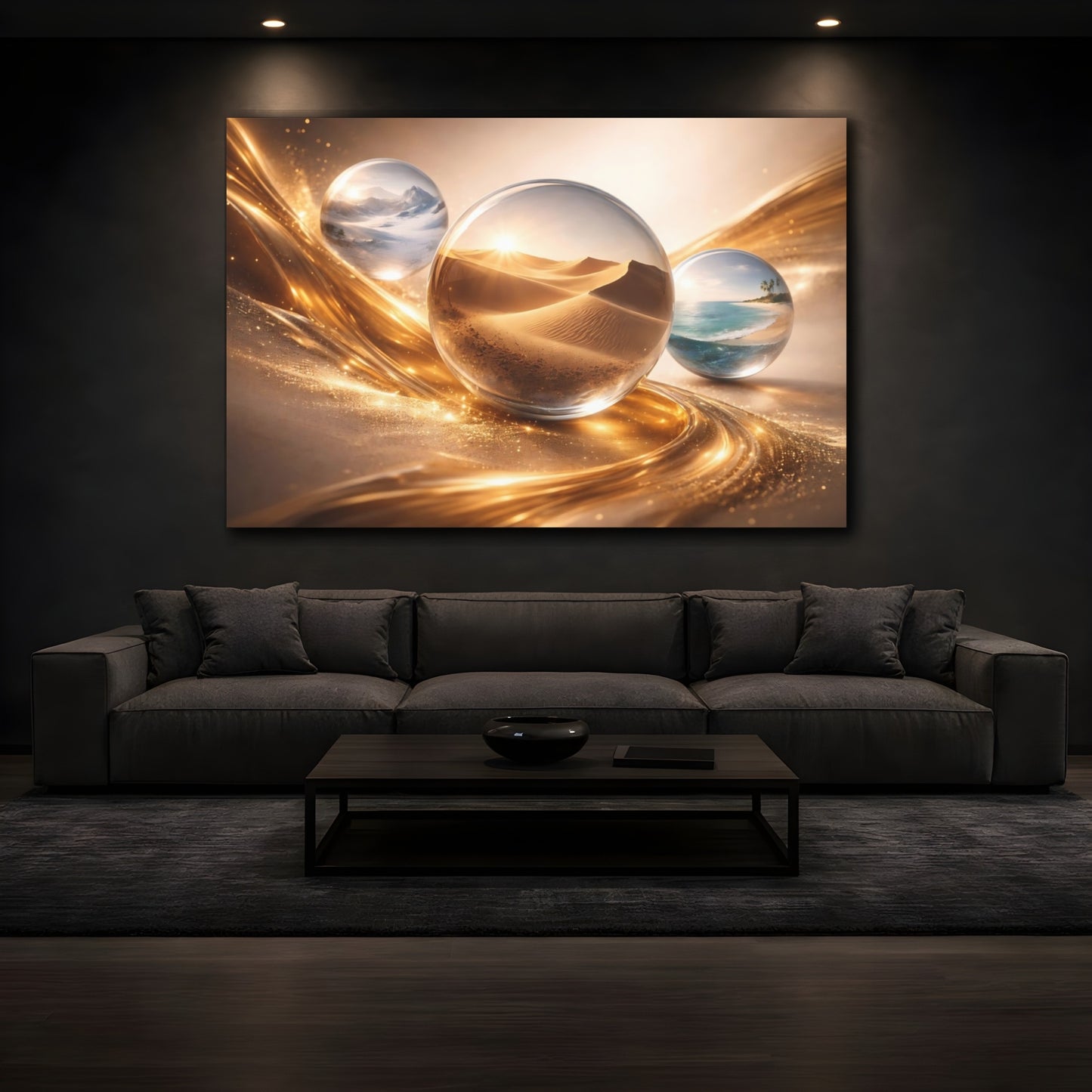 Mockup 3. Nature Landscape Orbs Gold And Nature shown as stretched canvas wall art
