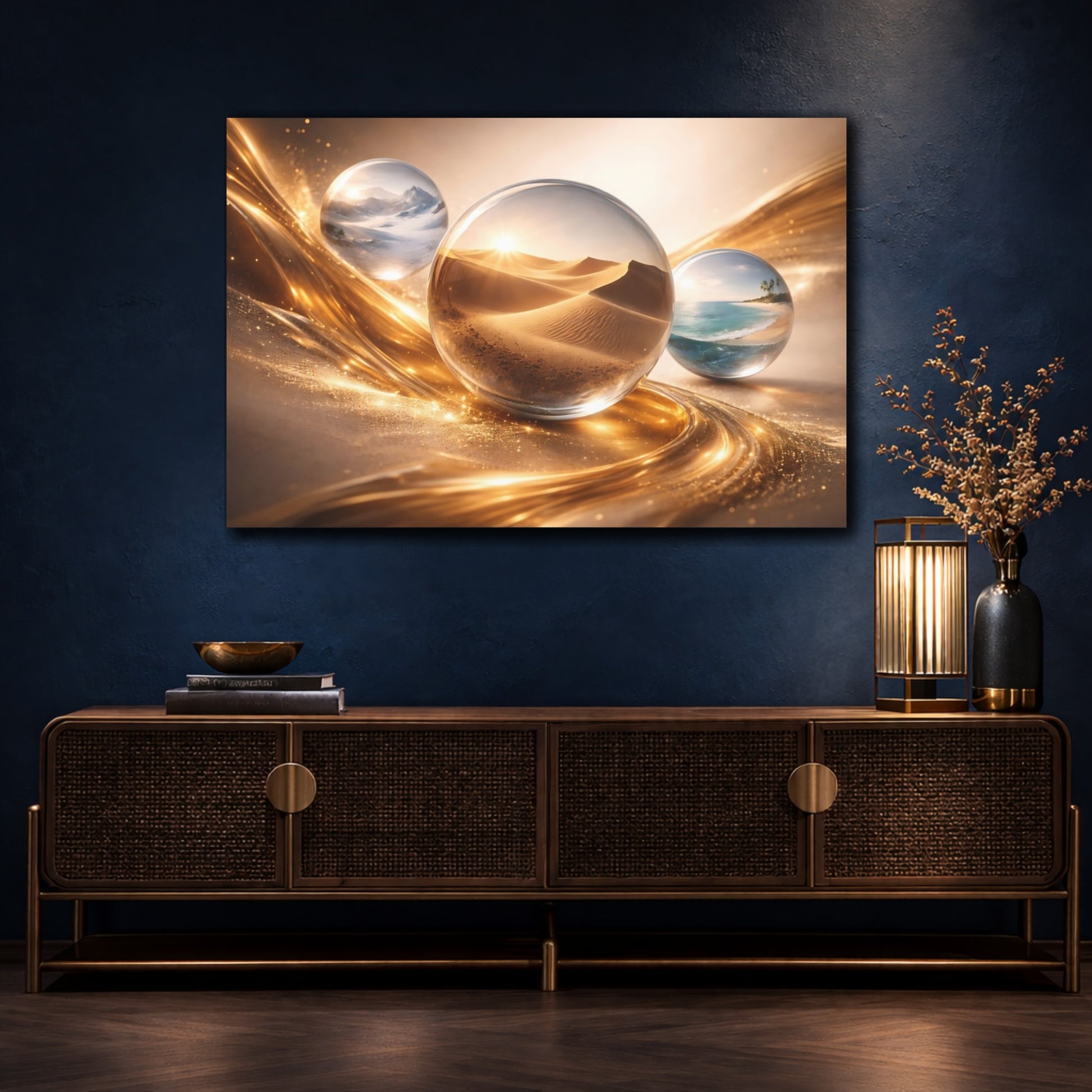 Mockup 4. Nature Landscape Orbs Gold And Nature shown as stretched canvas wall art
