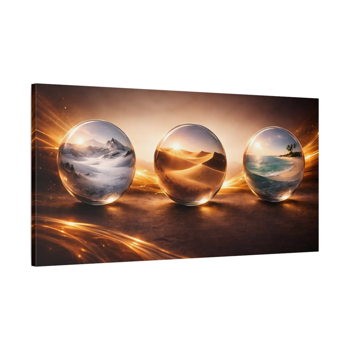 Main Mockup. Nature Landscape Spheres Brown And Gold shown as stretched canvas wall art