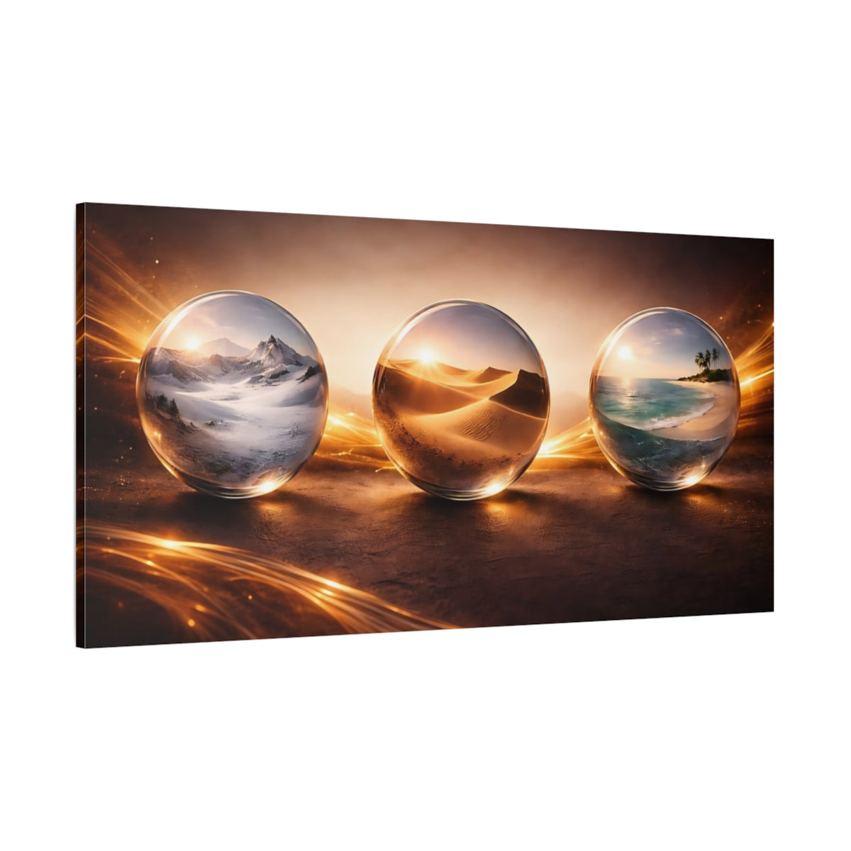 Side Mockup 2. Nature Landscape Spheres Brown And Gold shown as stretched canvas wall art