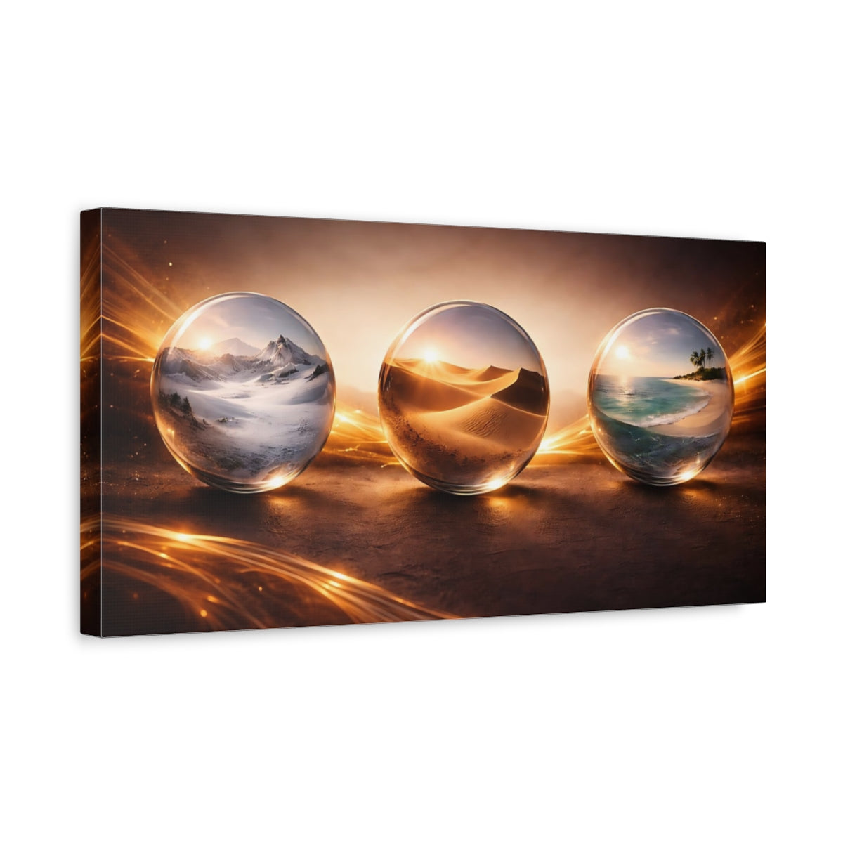 Side Mockup 3. Nature Landscape Spheres Brown And Gold shown as stretched canvas wall art