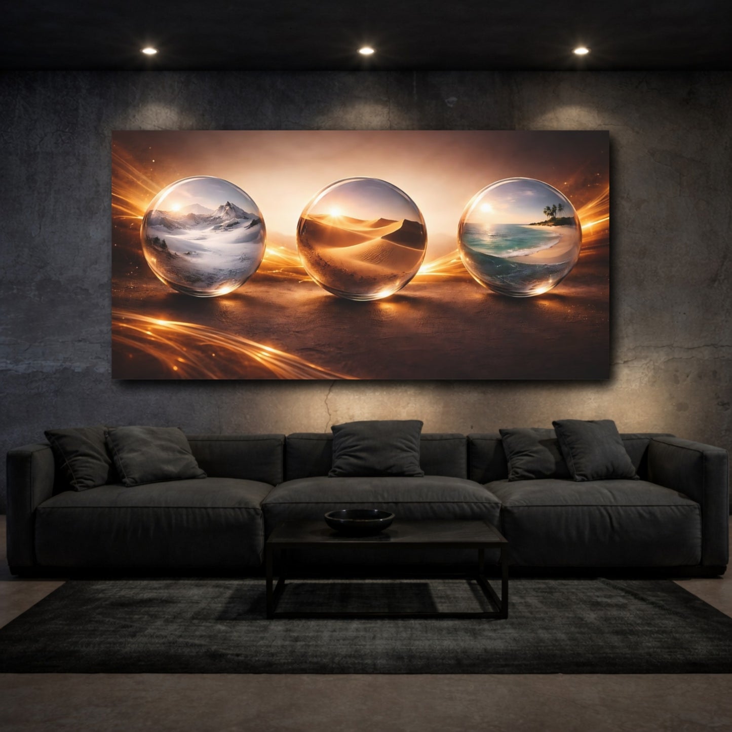 Mockup 2. Nature Landscape Spheres Brown And Gold shown as stretched canvas wall art