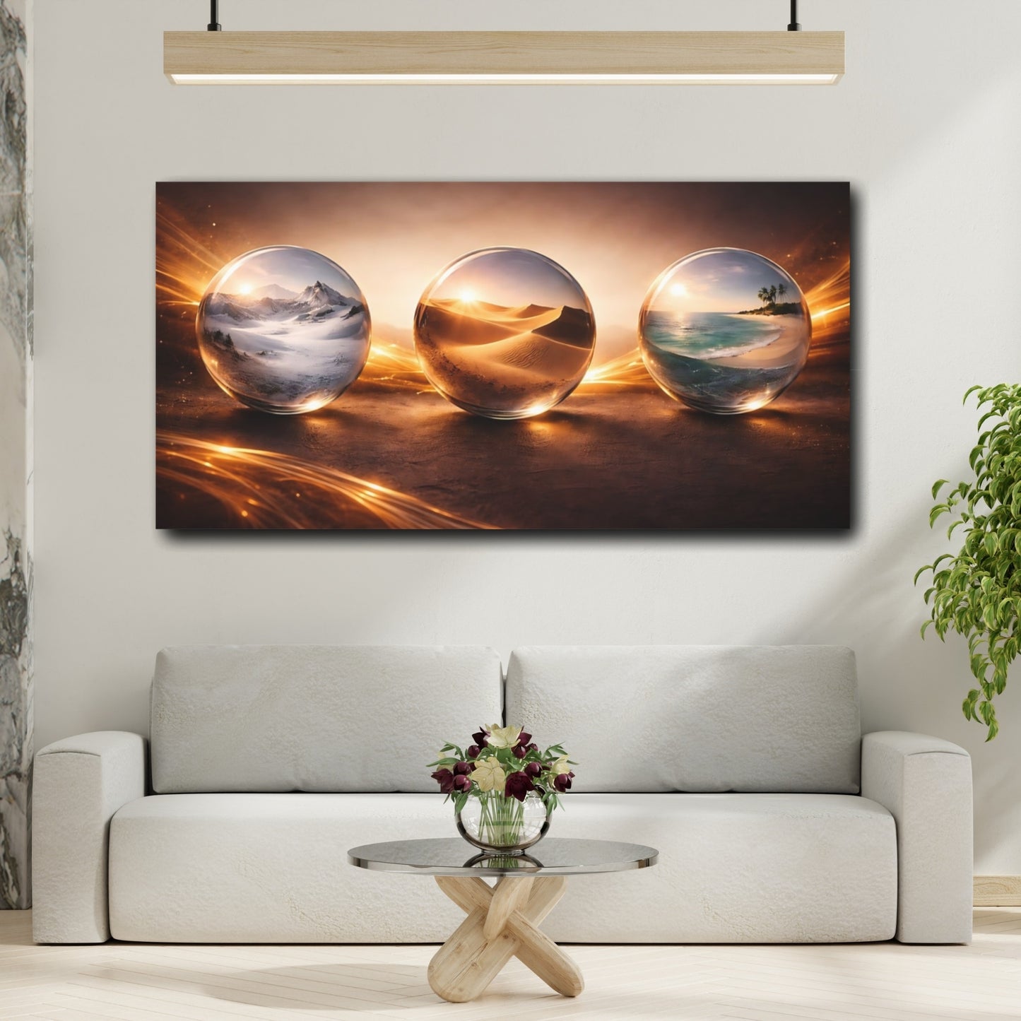 Mockup 3. Nature Landscape Spheres Brown And Gold shown as stretched canvas wall art