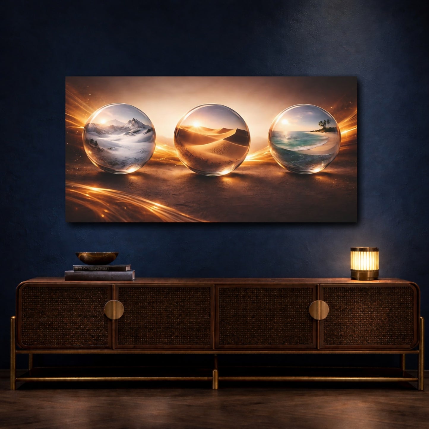 Mockup 4. Nature Landscape Spheres Brown And Gold shown as stretched canvas wall art