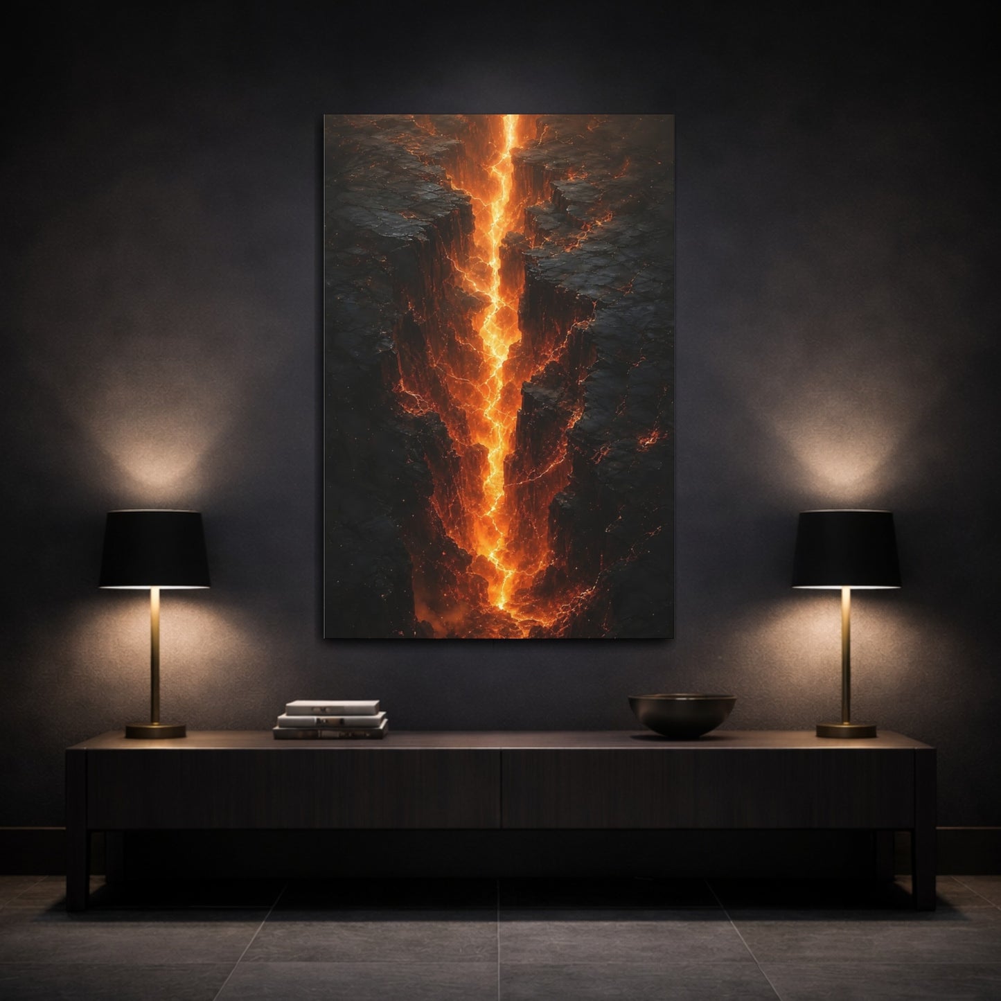 Mockup 3. Nature Lava Fissure Orange And Black shown as stretched canvas wall art