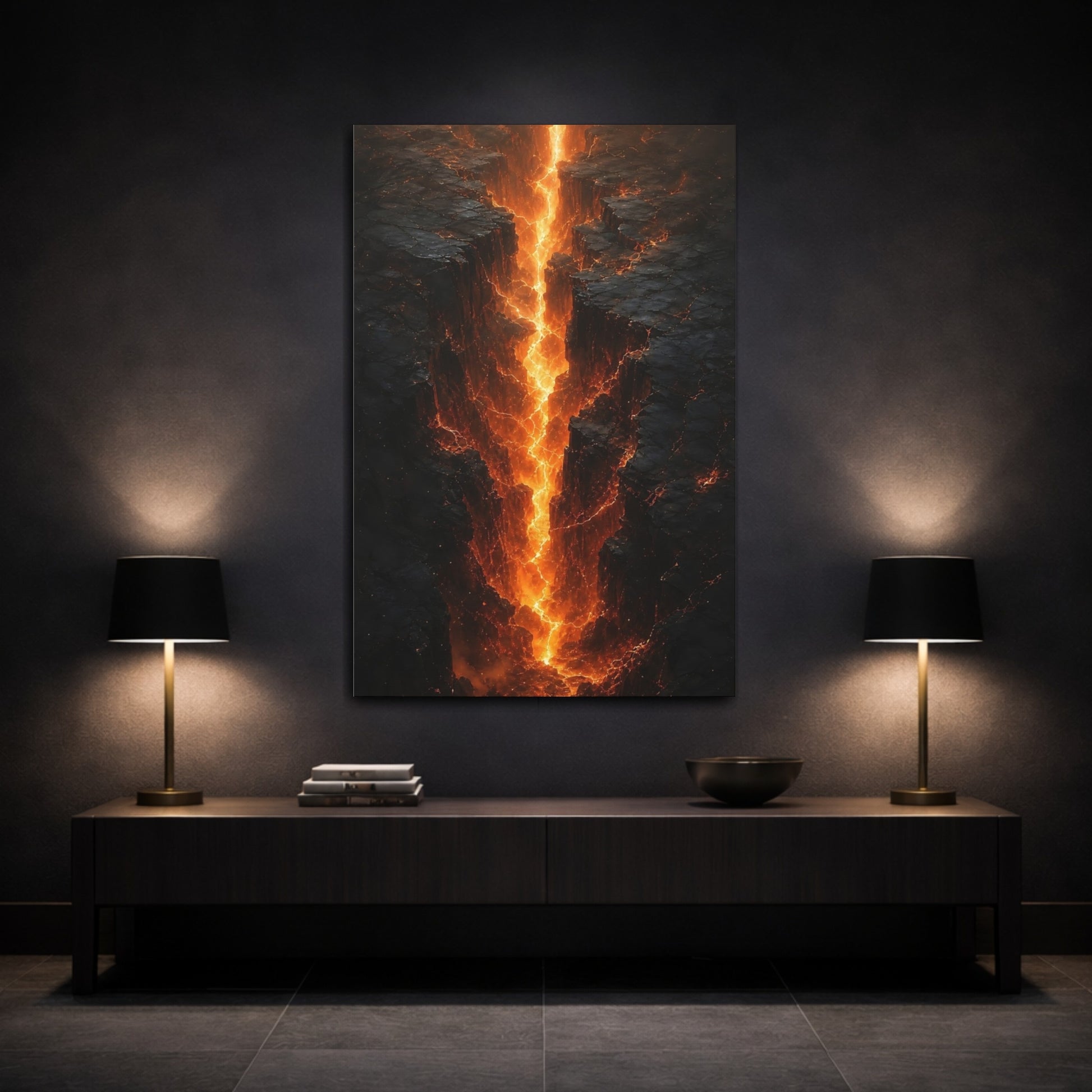 Mockup 3. Nature Lava Fissure Orange And Black shown as stretched canvas wall art