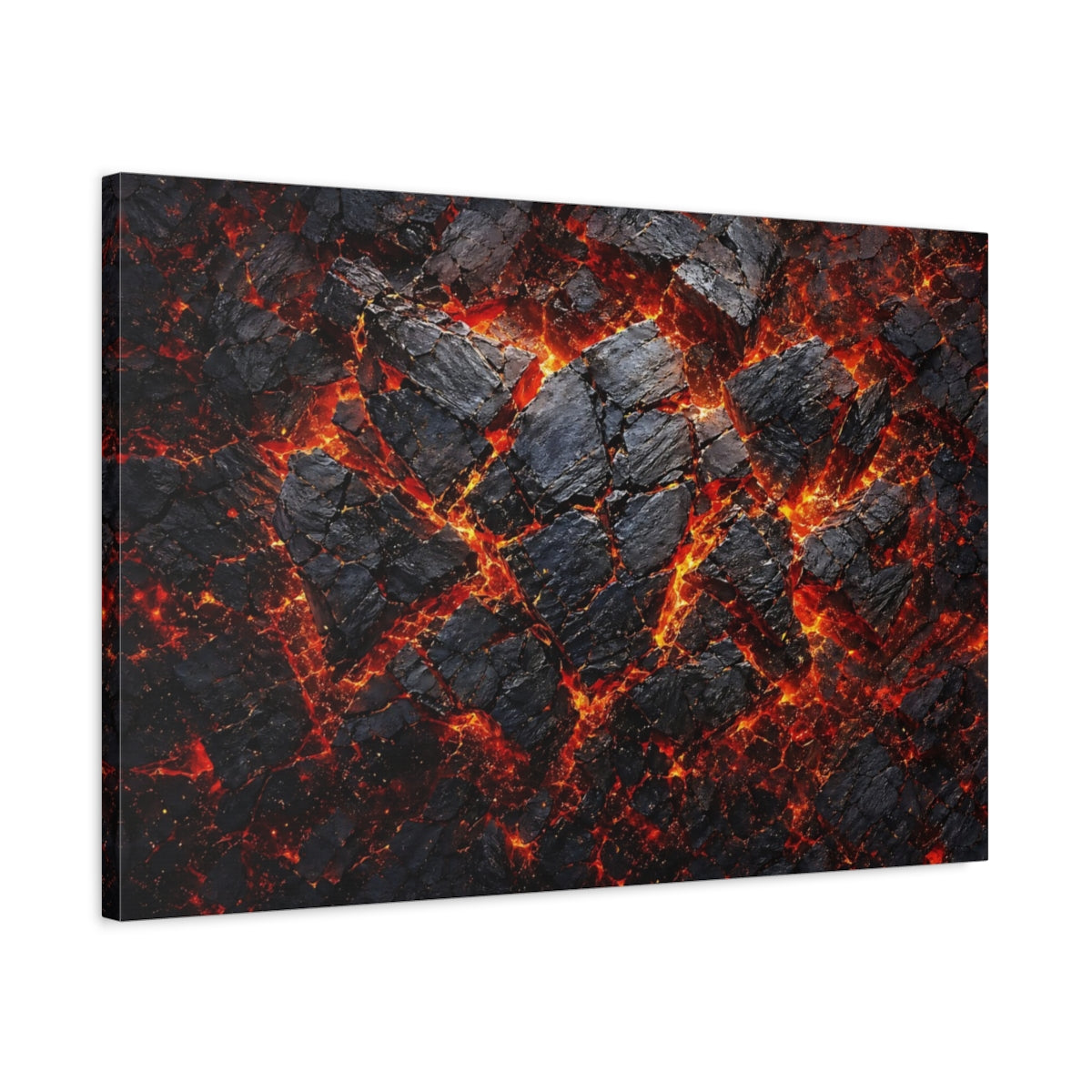 Side Mockup 2. Nature Lava Flow Black And Orange Lava shown as stretched canvas wall art