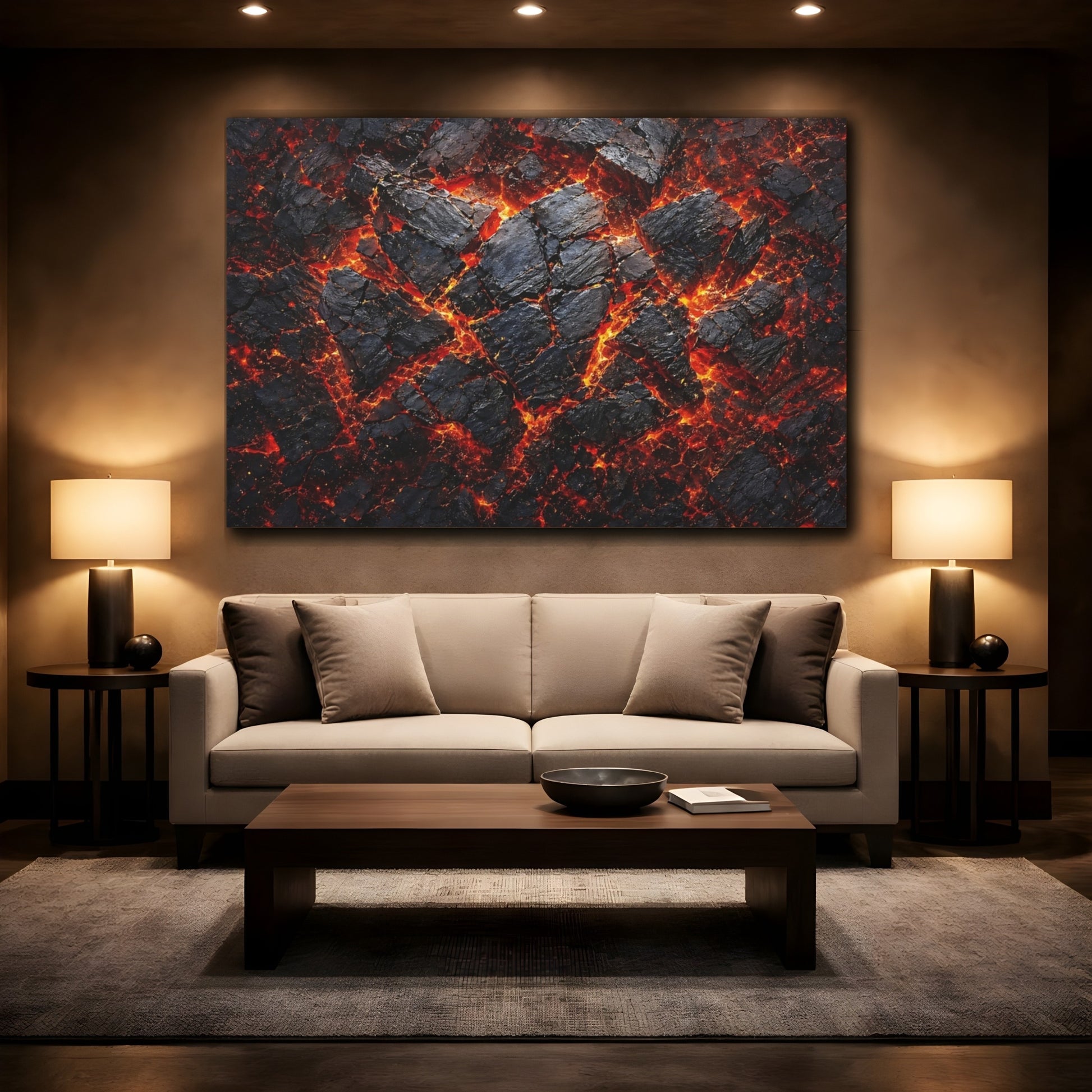 Mockup 2. Nature Lava Flow Black And Orange Lava shown as stretched canvas wall art