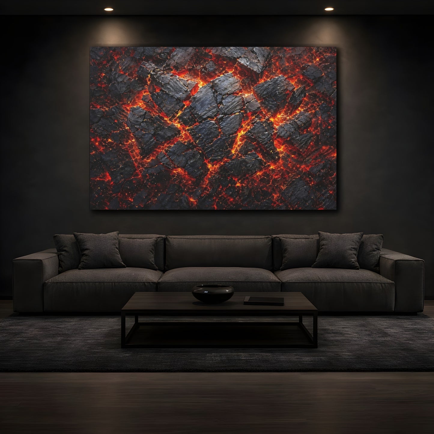 Mockup 3. Nature Lava Flow Black And Orange Lava shown as stretched canvas wall art