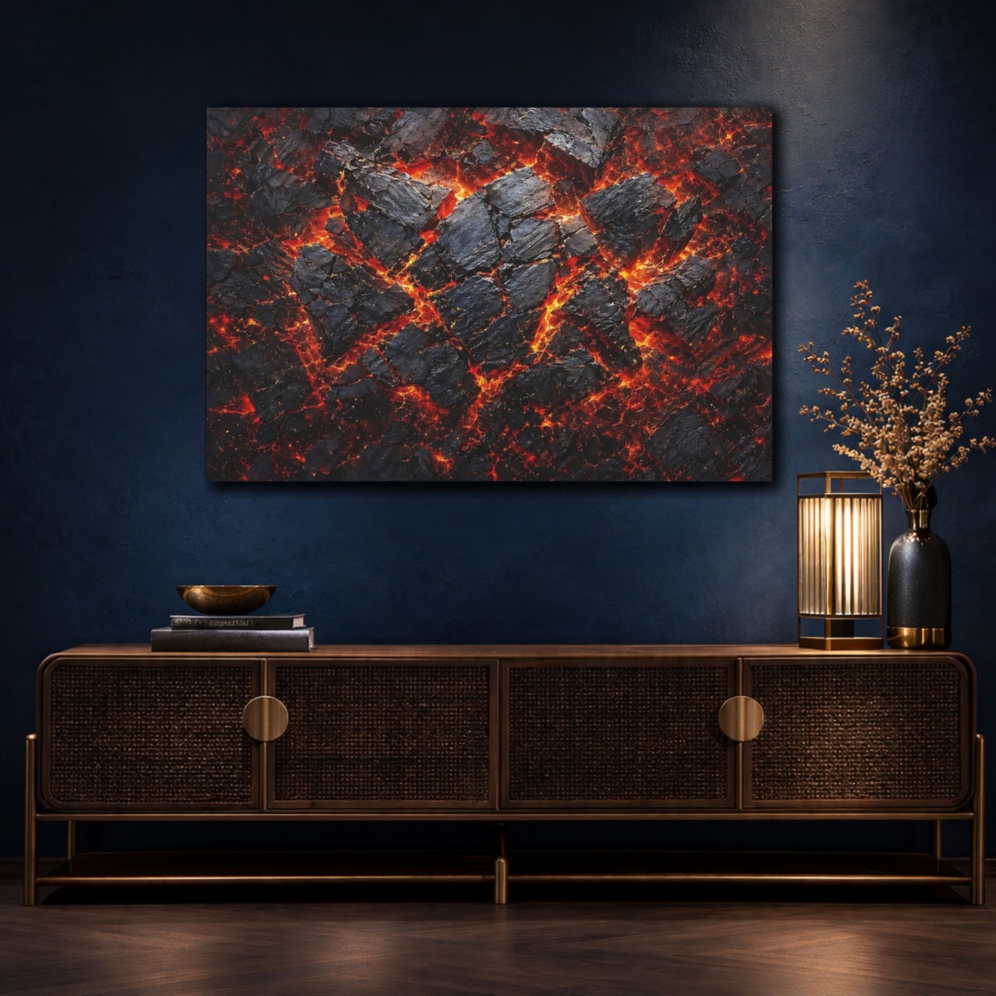 Mockup 4. Nature Lava Flow Black And Orange Lava shown as stretched canvas wall art
