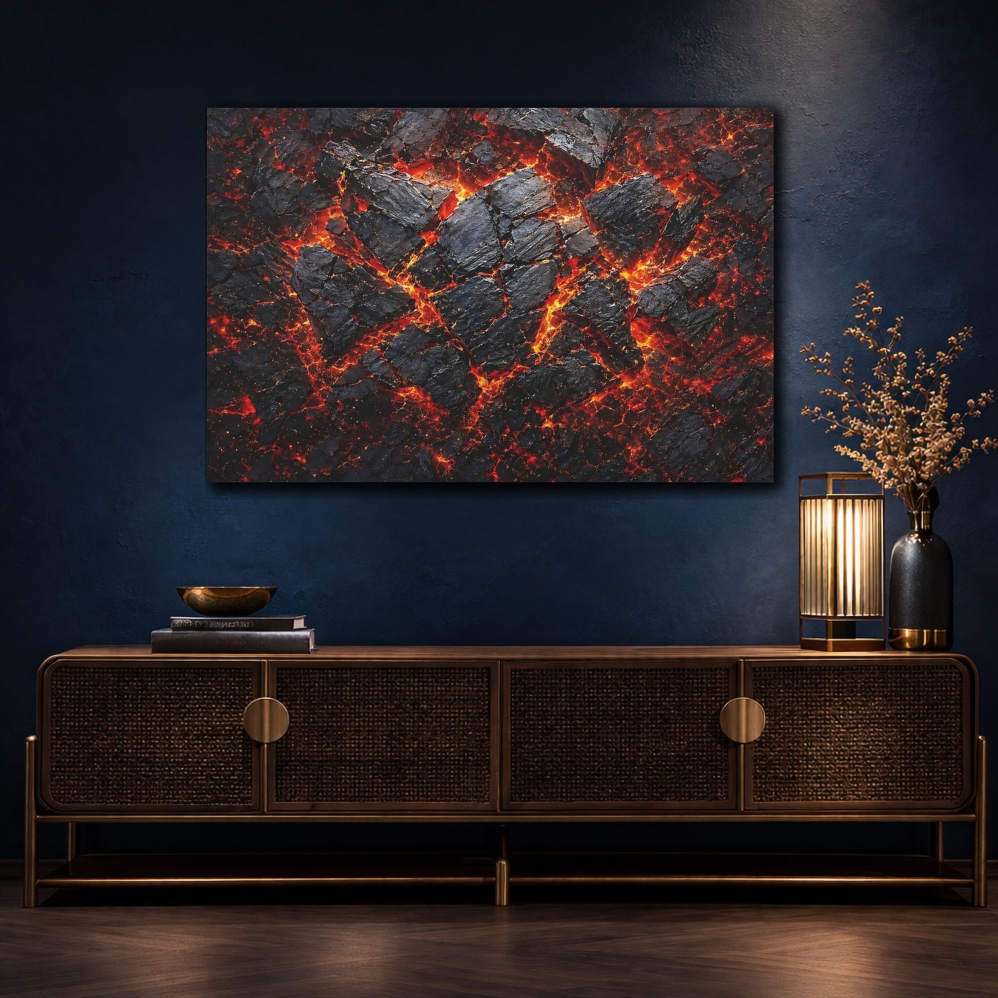 Mockup 4. Nature Lava Flow Black And Orange Lava shown as stretched canvas wall art