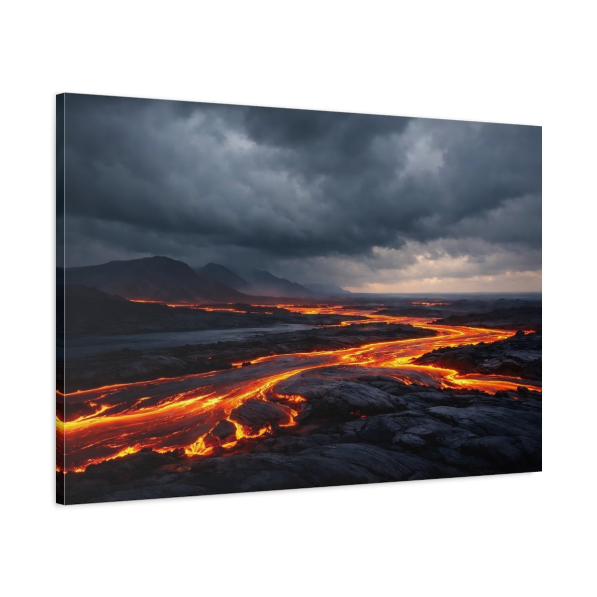 Main Mockup. Nature Lava River Orange And Gray shown as stretched canvas wall art