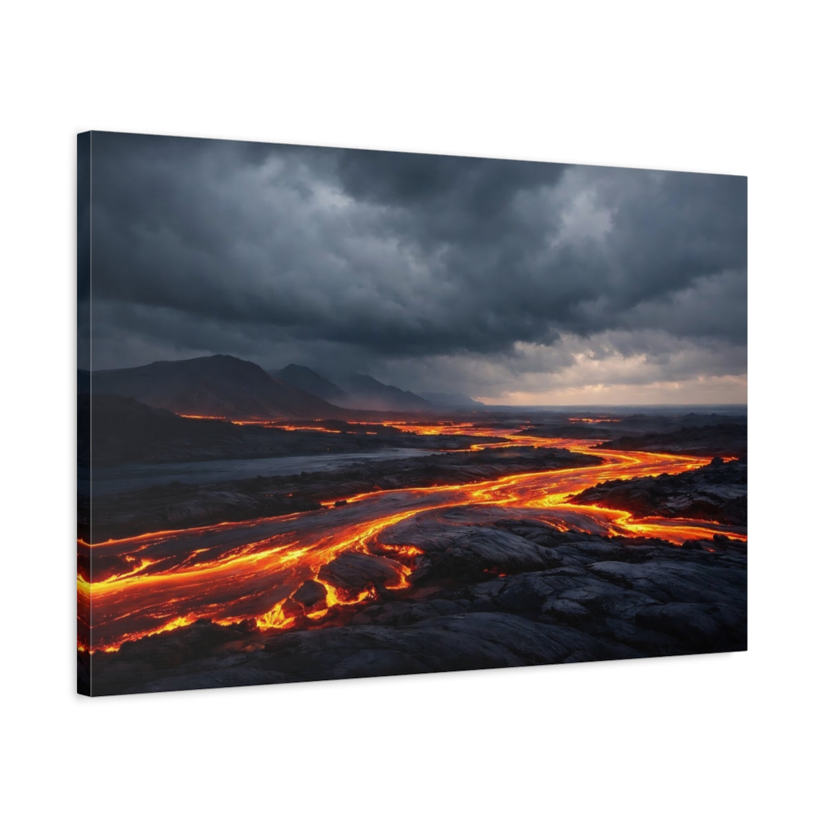 Side Mockup 2. Nature Lava River Orange And Gray shown as stretched canvas wall art
