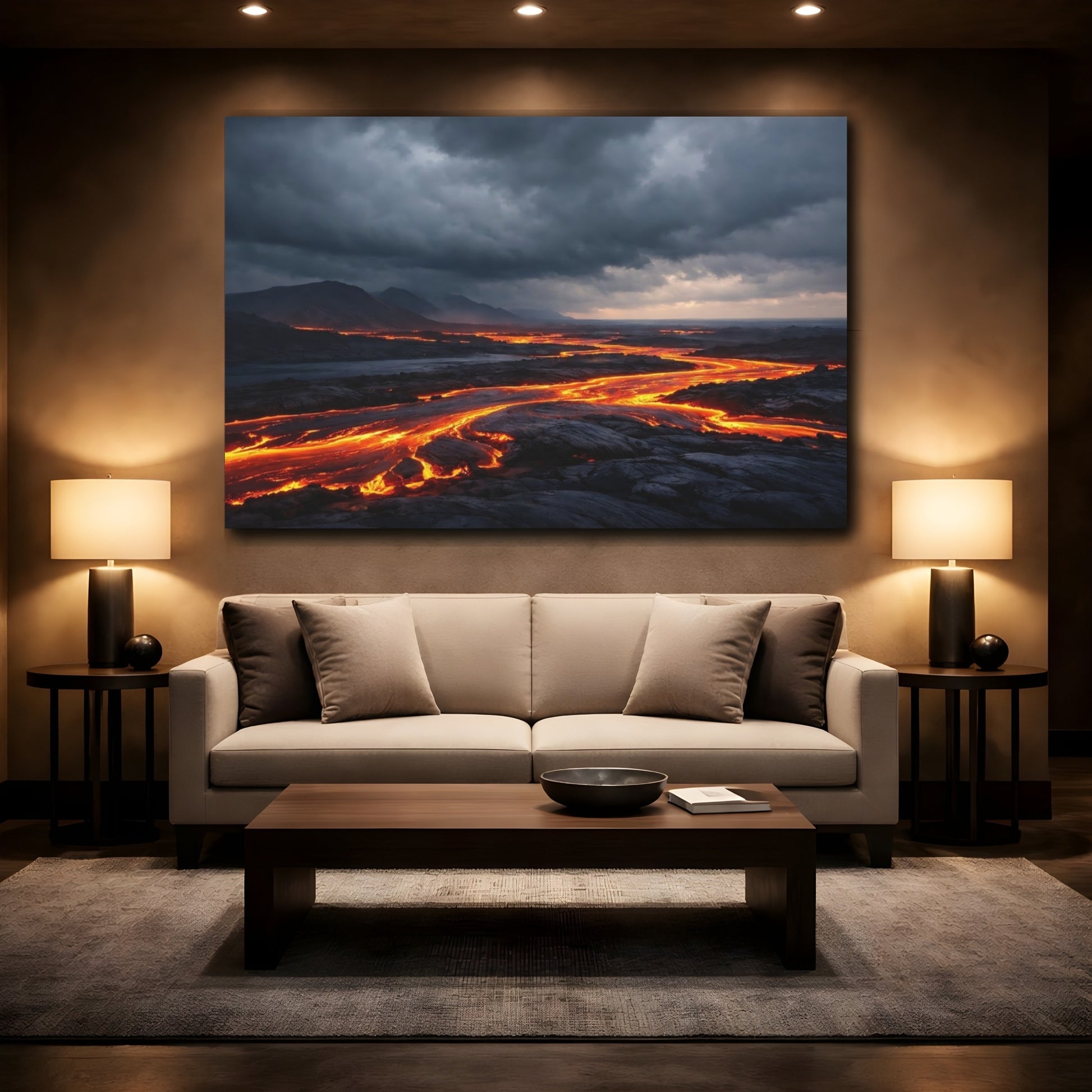 Mockup 2. Nature Lava River Orange And Gray shown as stretched canvas wall art