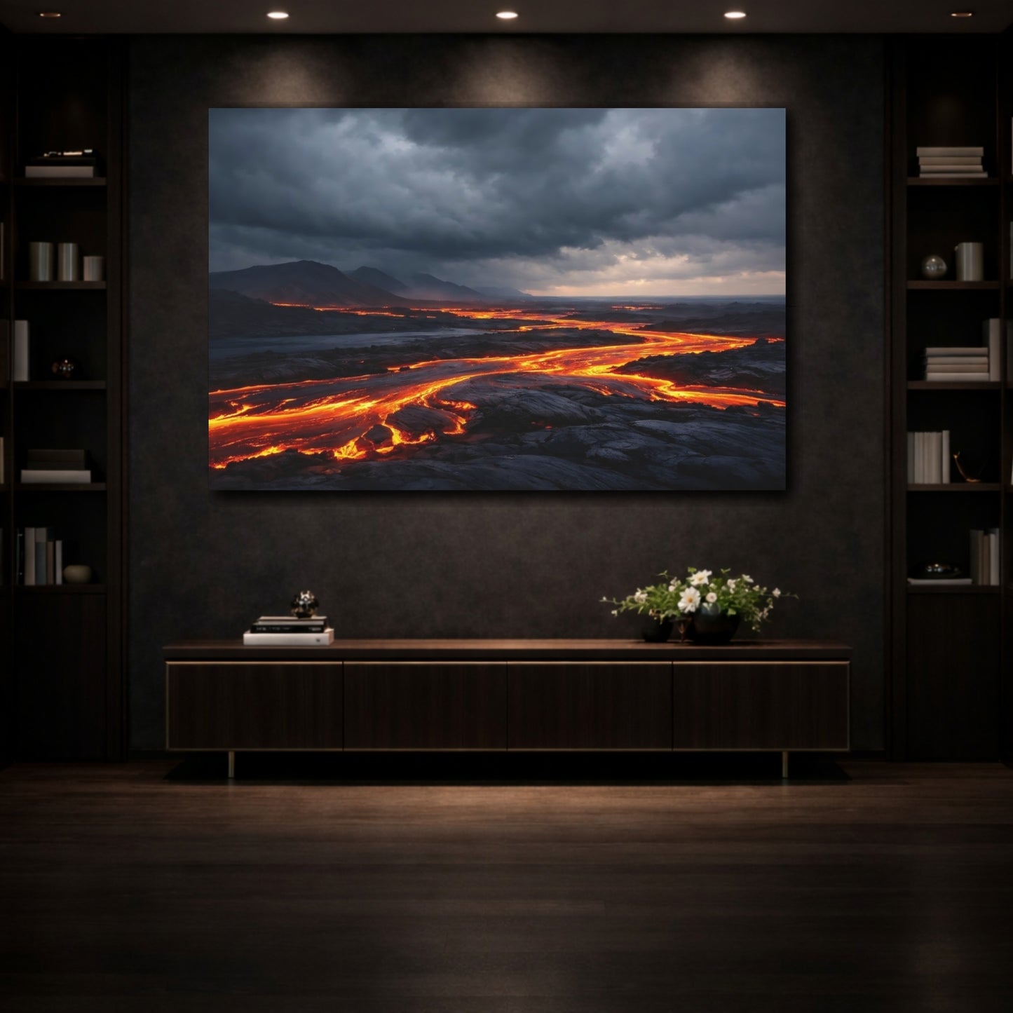Mockup 3. Nature Lava River Orange And Gray shown as stretched canvas wall art
