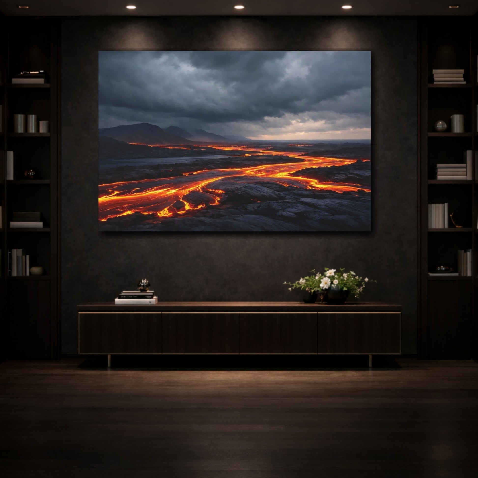 Mockup 3. Nature Lava River Orange And Gray shown as stretched canvas wall art