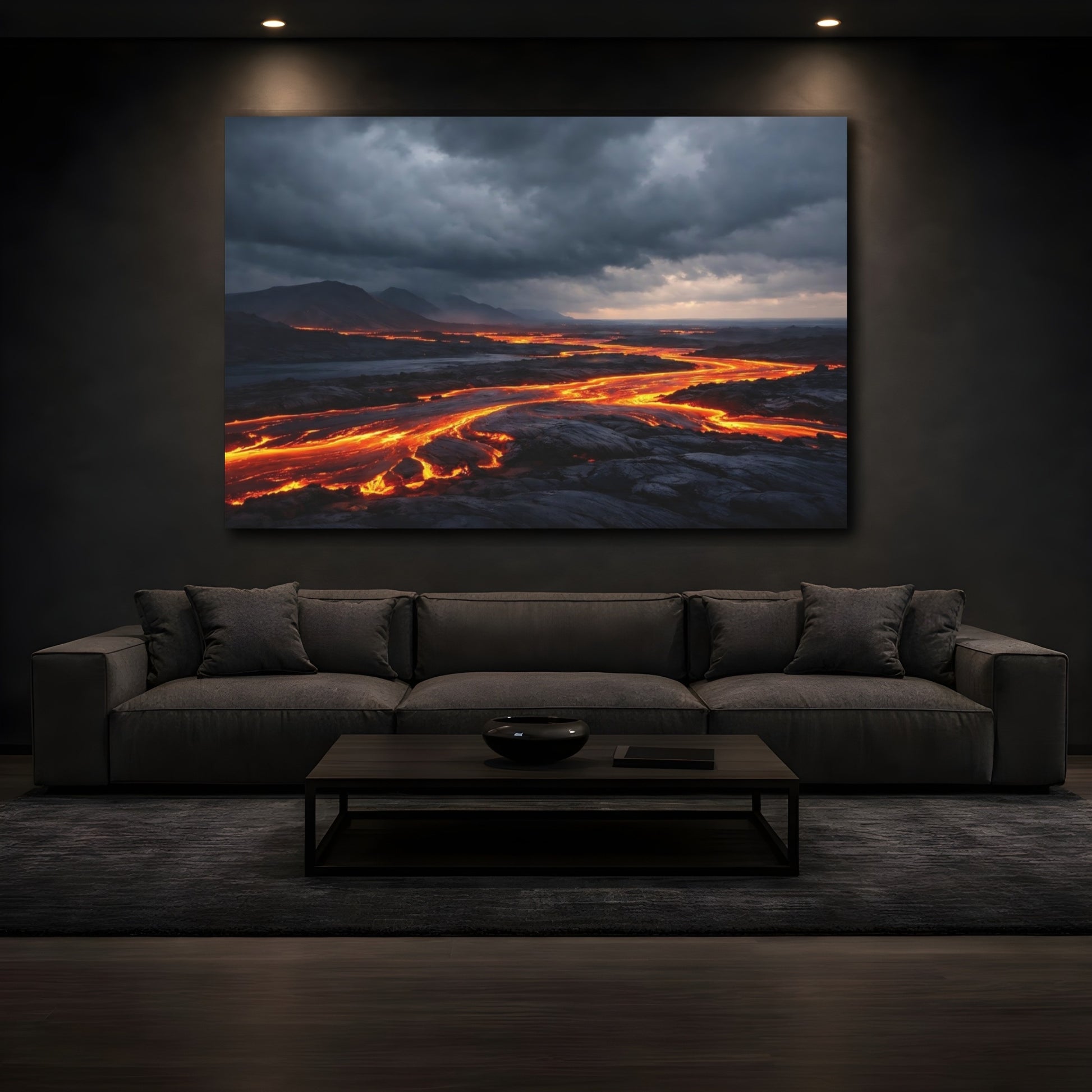 Mockup 4. Nature Lava River Orange And Gray shown as stretched canvas wall art