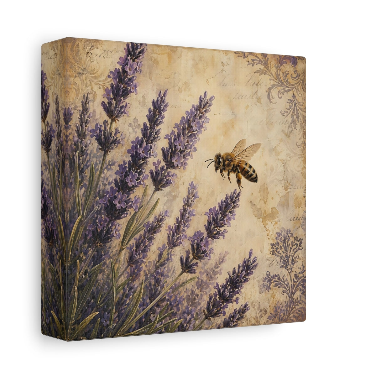 Side Mockup 2. Nature Lavender Bee Lavender Bee shown as stretched canvas wall art