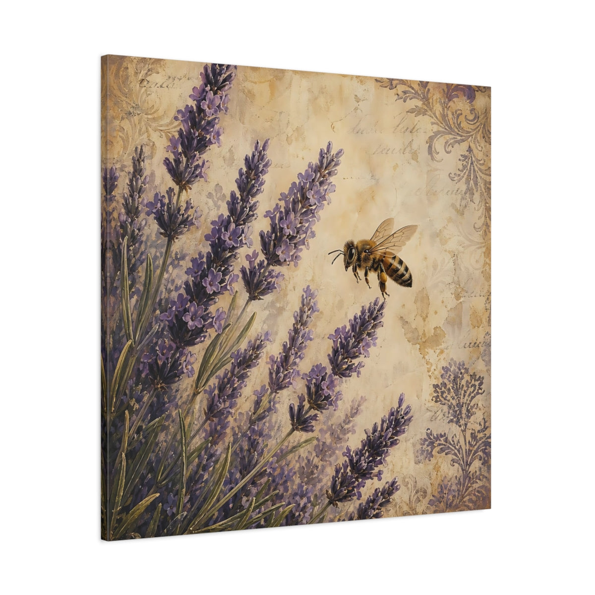 Side Mockup 1. Nature Lavender Bee Lavender Bee shown as stretched canvas wall art